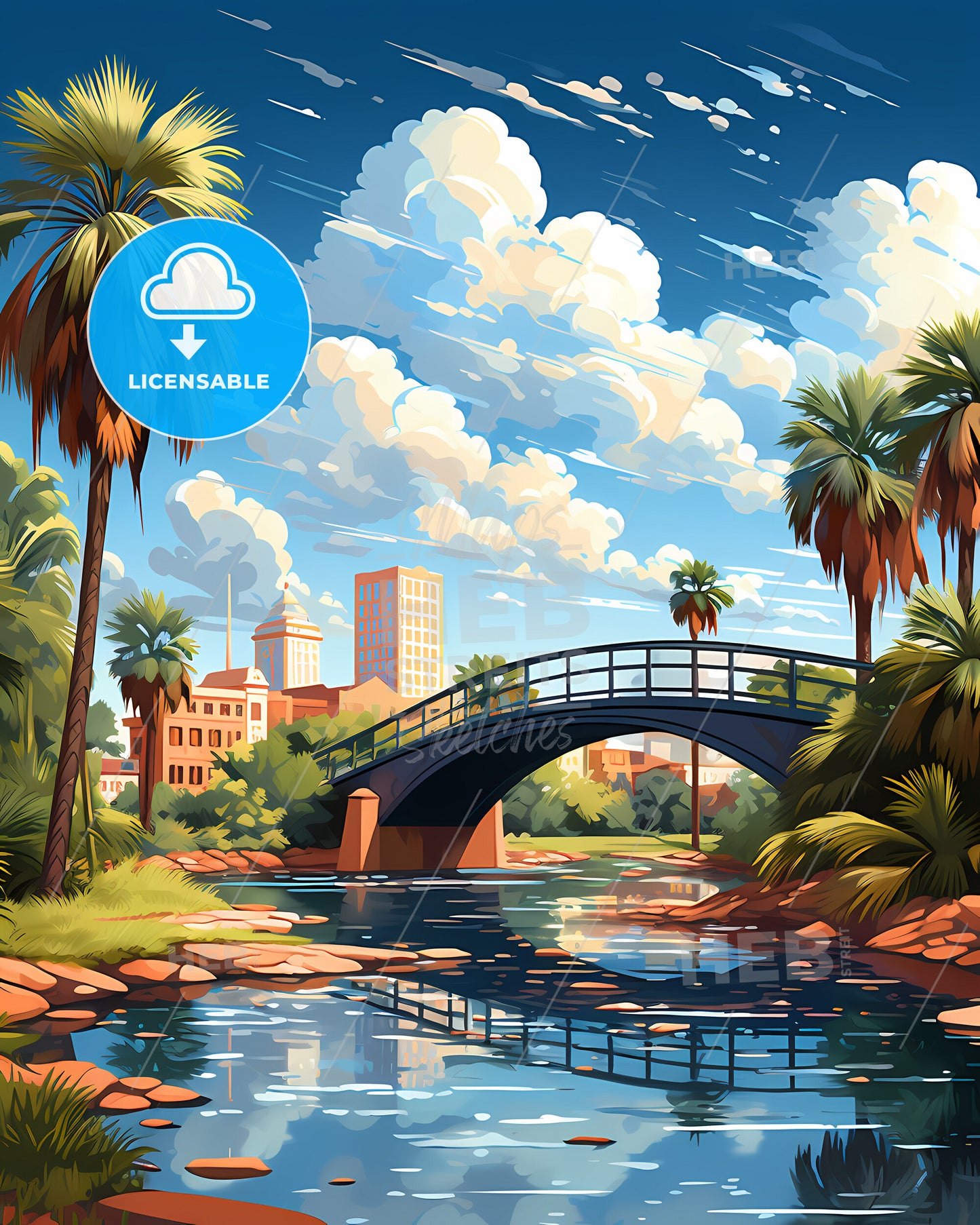 Pembroke Pines, Florida, a bridge over a river with palm trees and buildings