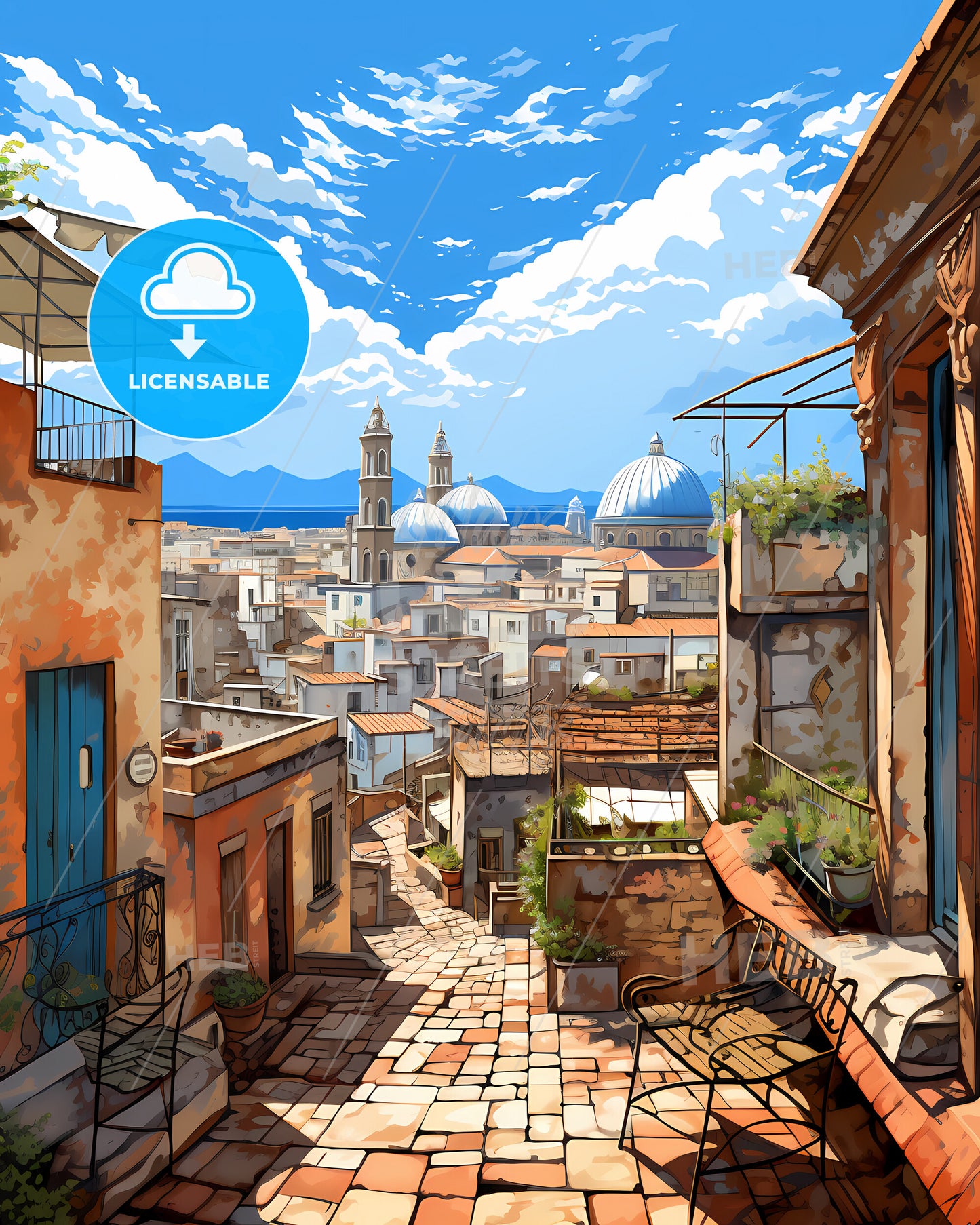 Palermo, Italy, a street with buildings and a blue sky