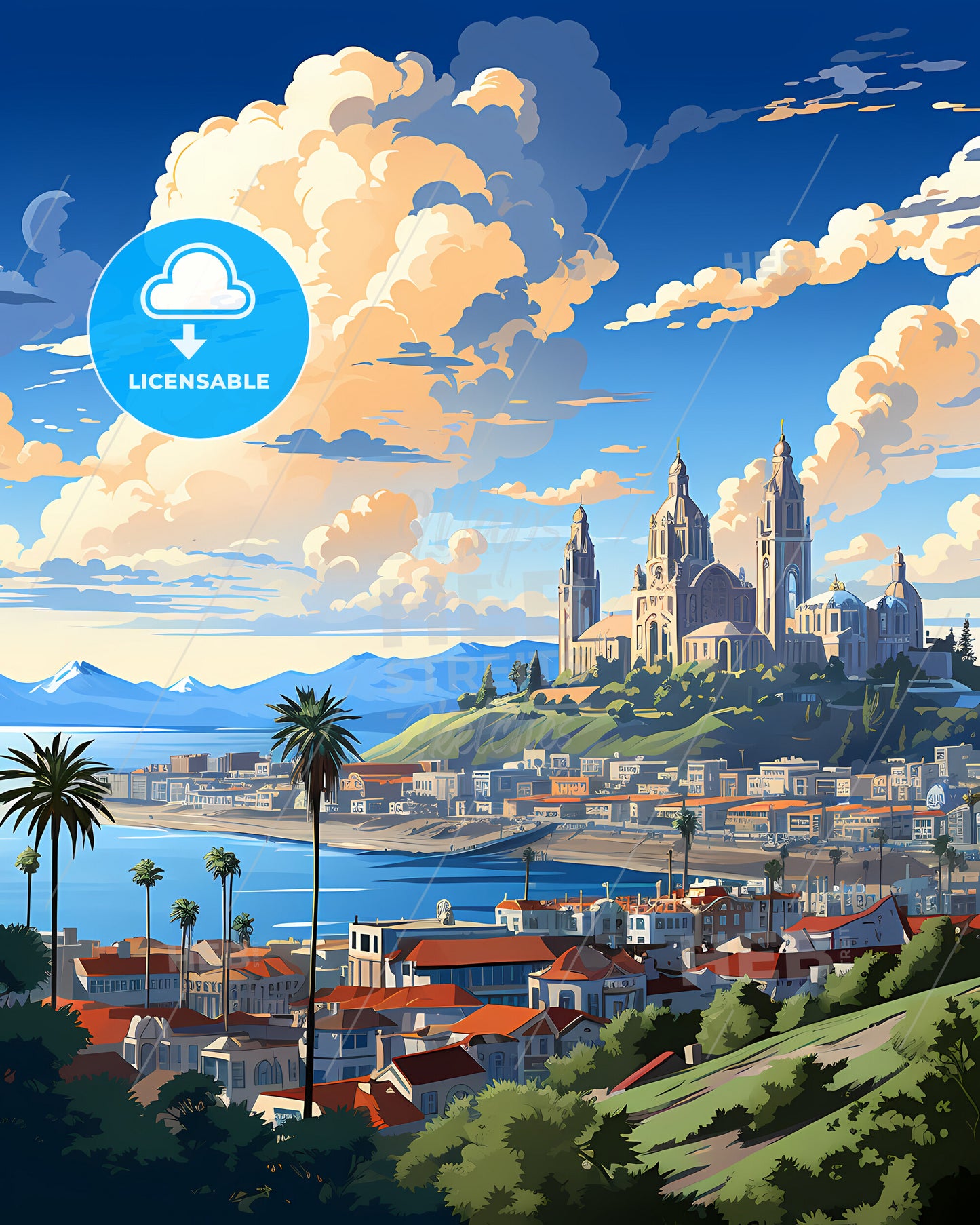 San Buenaventura, California, a city with a castle on a hill