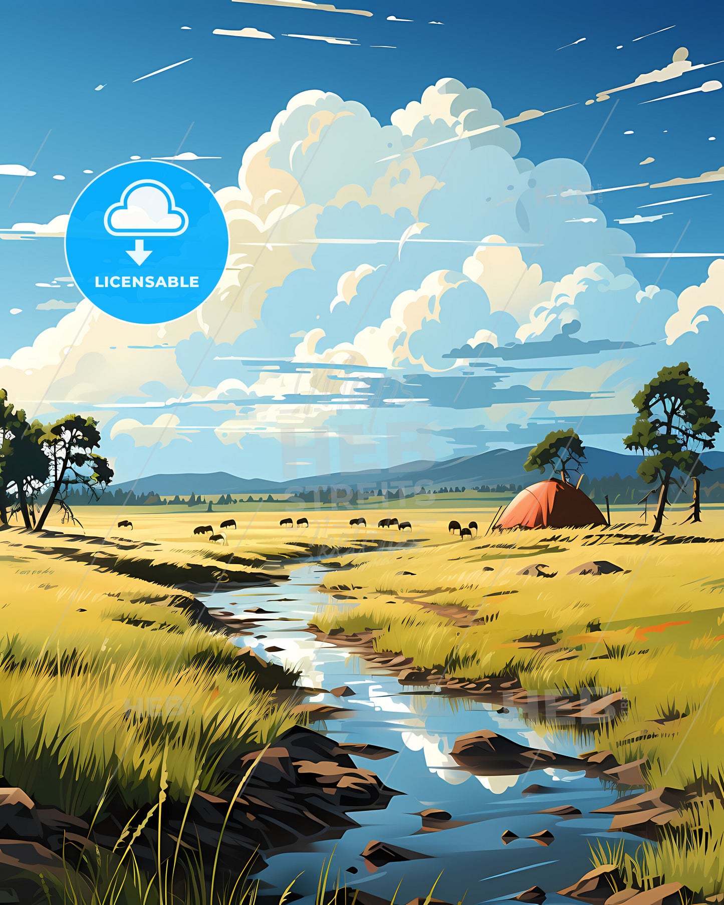 Kentau, Kazakhstan, a stream running through a grassy field with a tent and trees