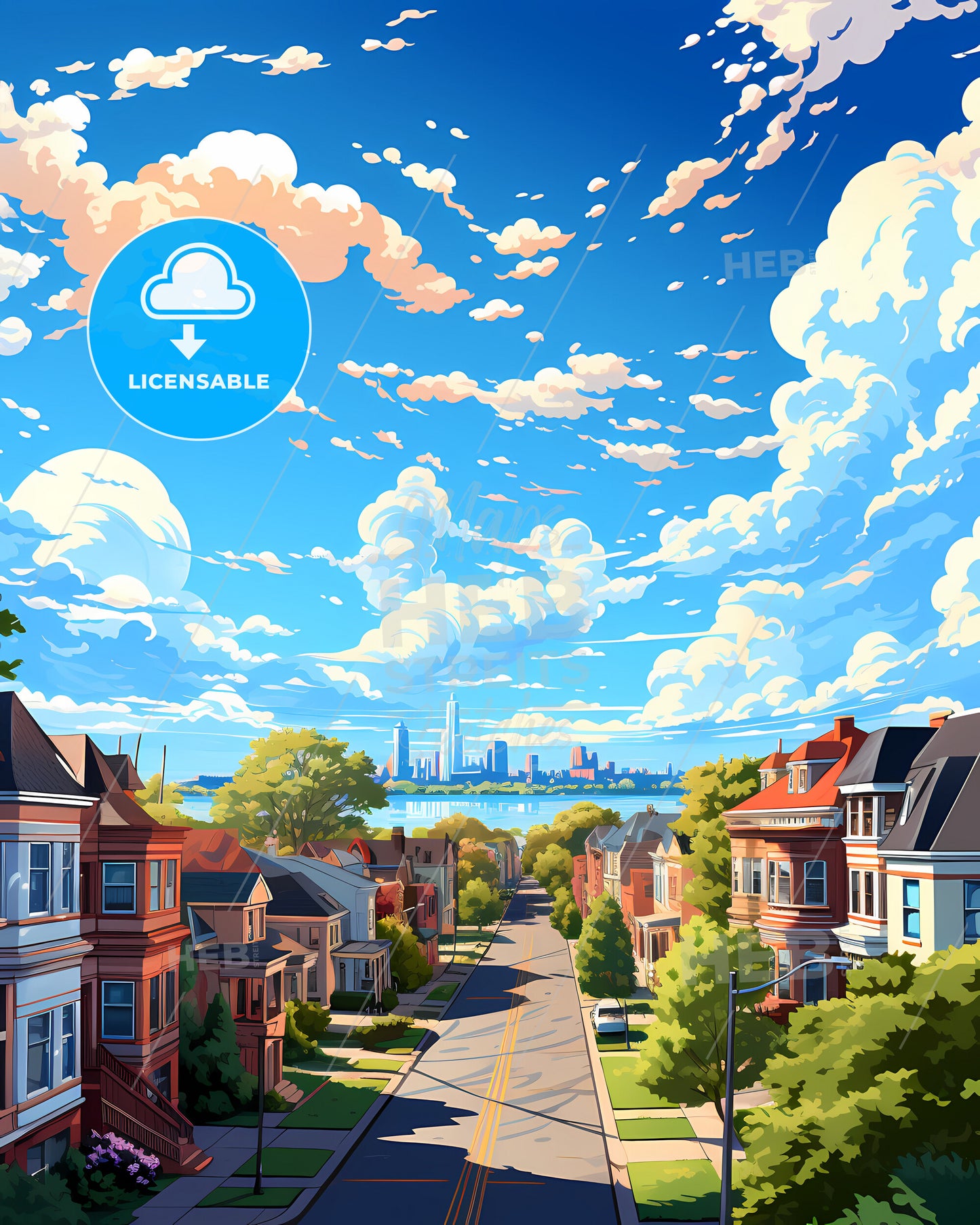 Gary, Indiana, a street with houses and trees and a body of water in the background