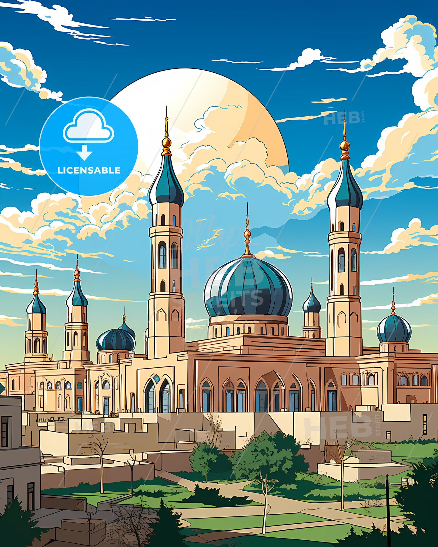 Atyrau, Kazakhstan, a large building with blue domes and a large sun