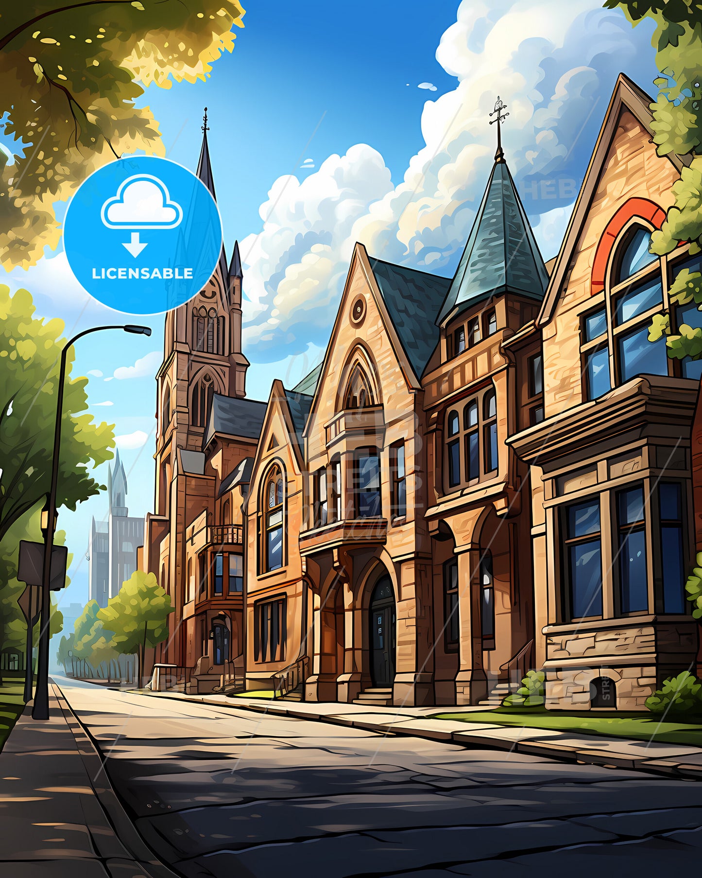 New Haven, Connecticut, a building with a steeple and trees on the side of the road