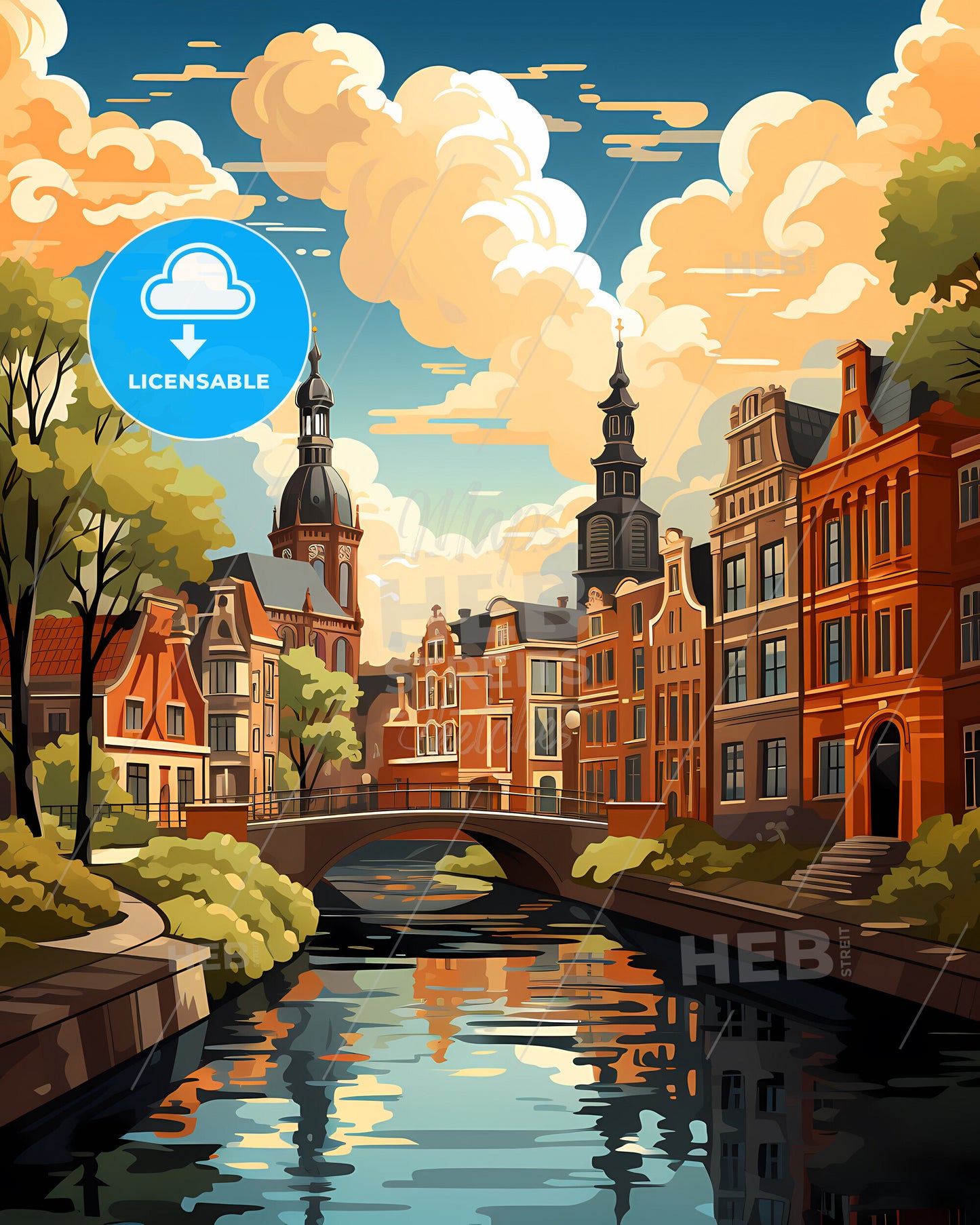 Leiden, Netherlands, a river with a bridge and buildings