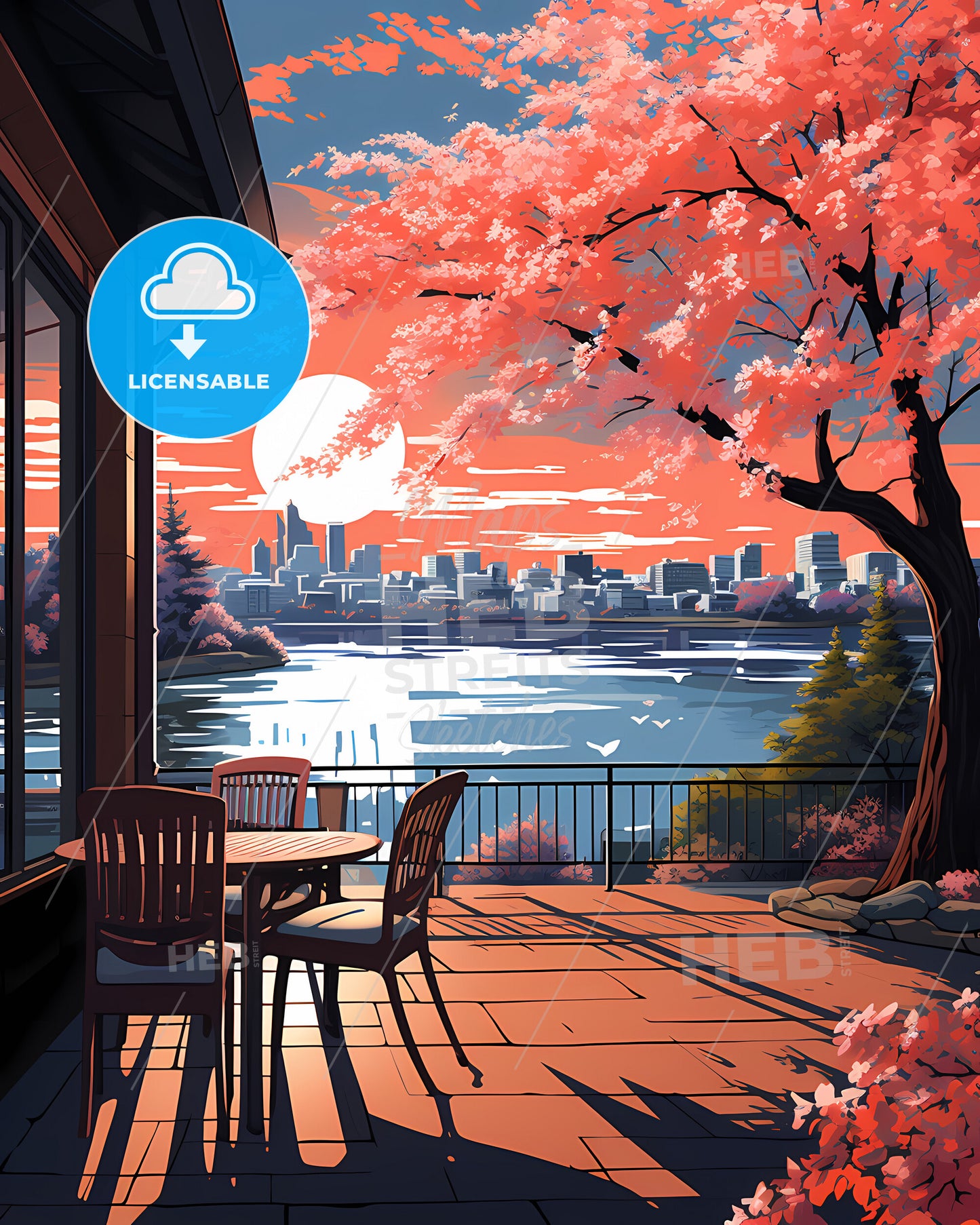 Rochester, Minnesota, a deck with chairs and a view of a city and water