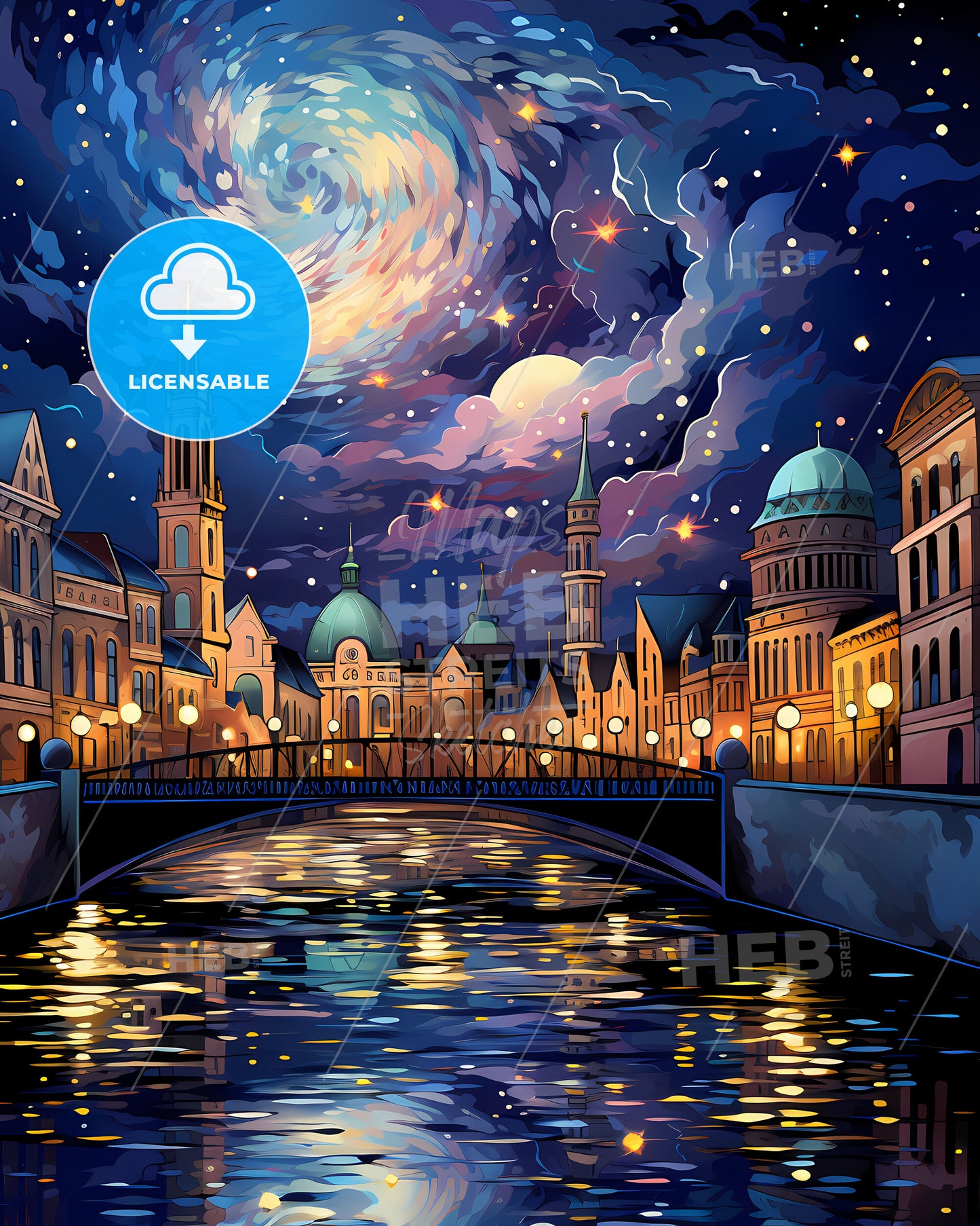 Lafayette, Indiana, a bridge over a river with buildings and a starry sky