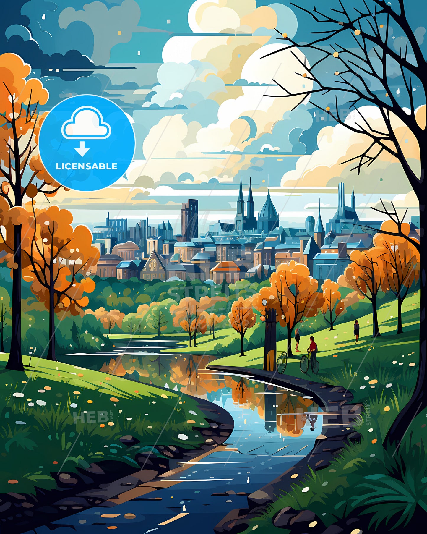 Nijmegen, Netherlands, a river running through a park with trees and a city in the background