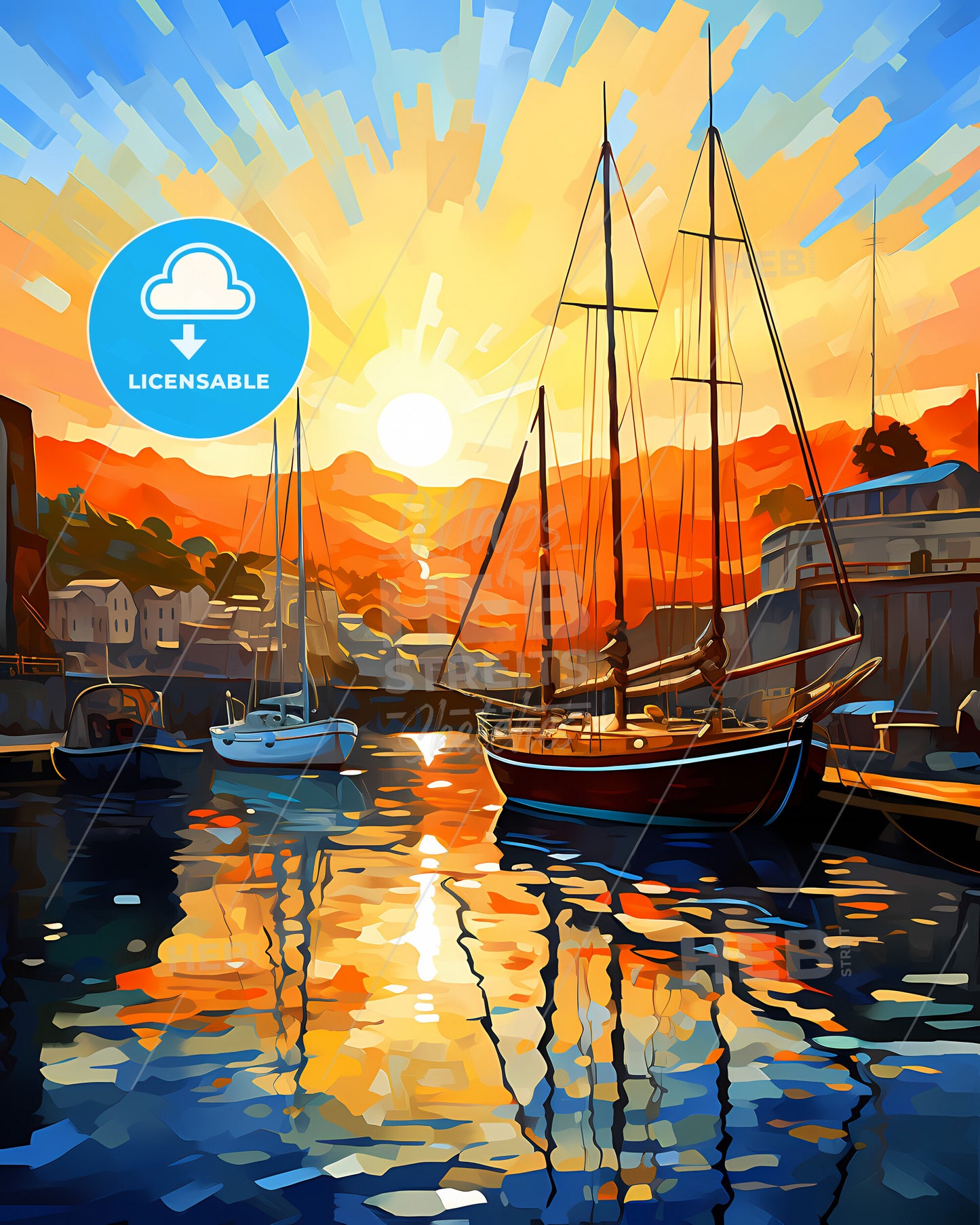 Plymouth, South West England, a painting of boats in a harbor