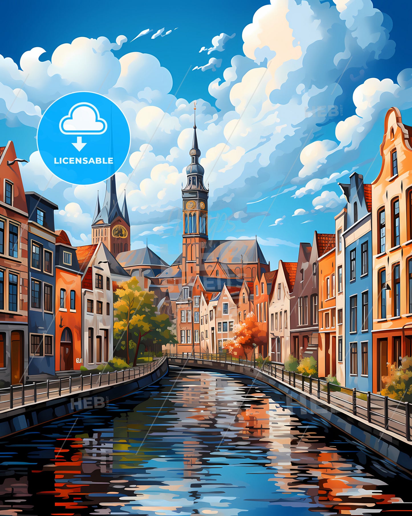 Schagen, Netherlands, a water canal with buildings and a clock tower