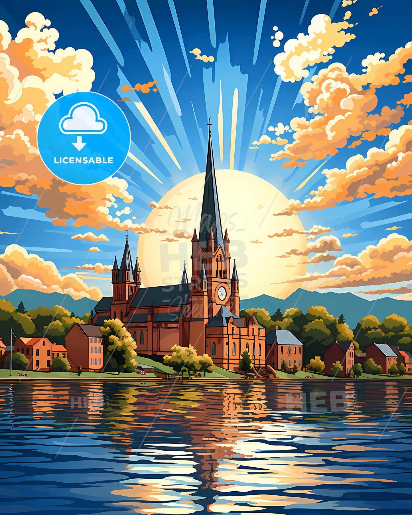 Leiden, Netherlands, a church with a clock tower and trees and a lake with sun rays