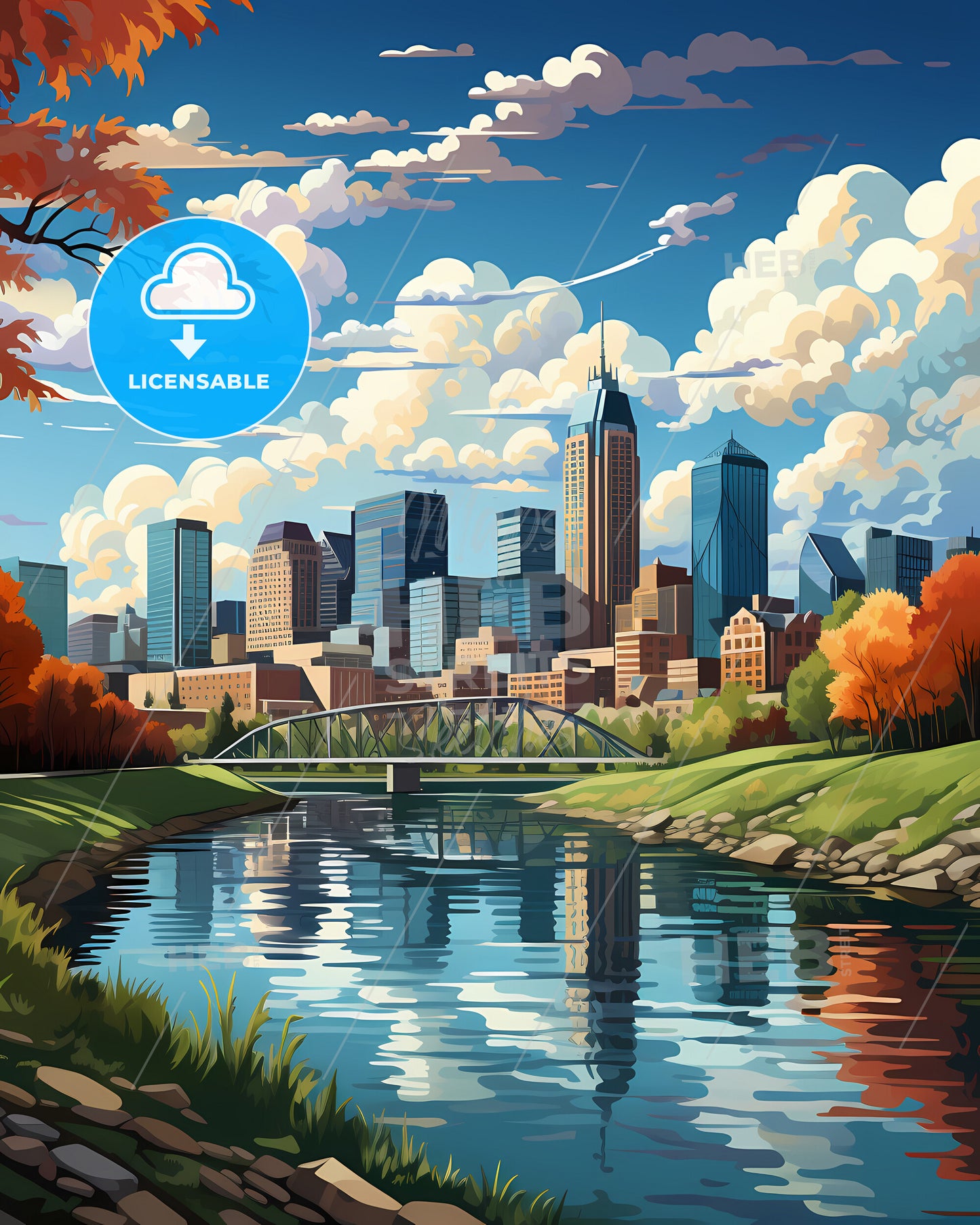 Fishers, Indiana, a river with a bridge and a city in the background