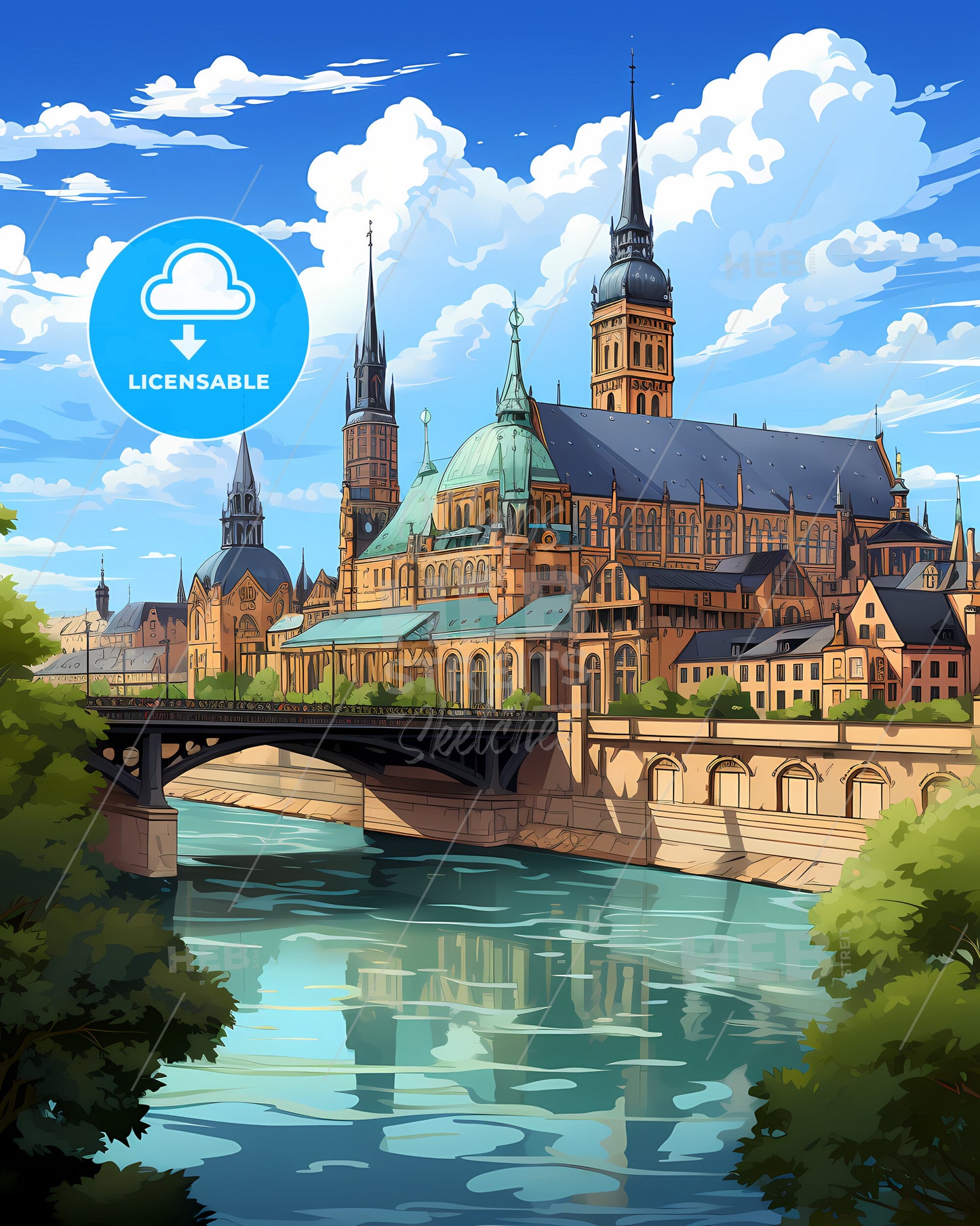 Basel, Switzerland, a large building with towers and a bridge over a river