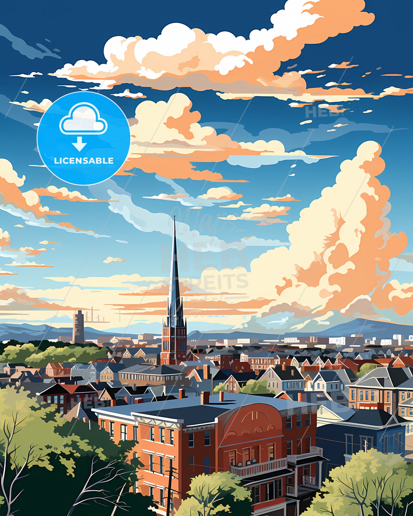 Somerville, Massachusetts, a city with a steeple and buildings