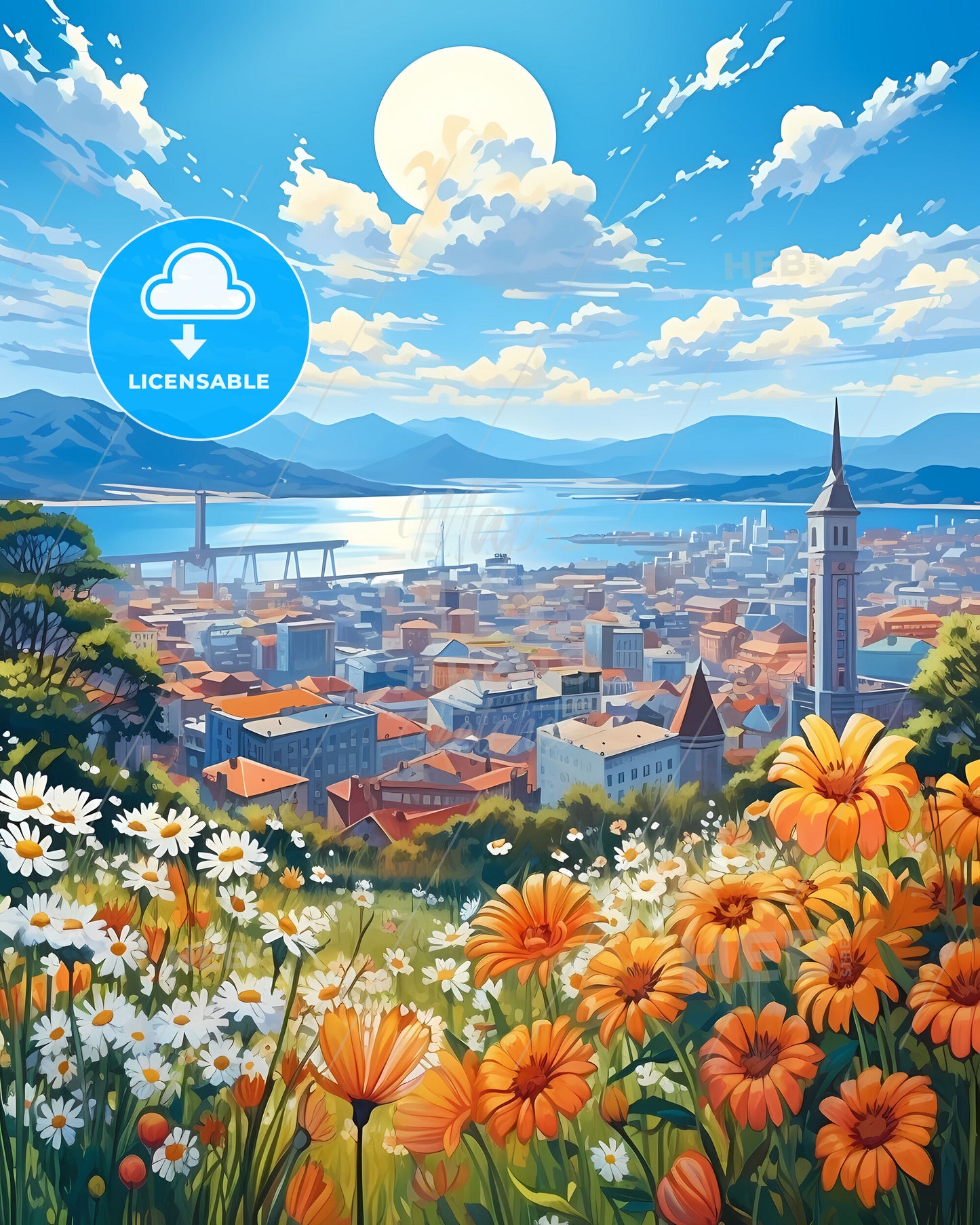 Vigo, Spain, a view of a city with orange flowers and a bridge over water