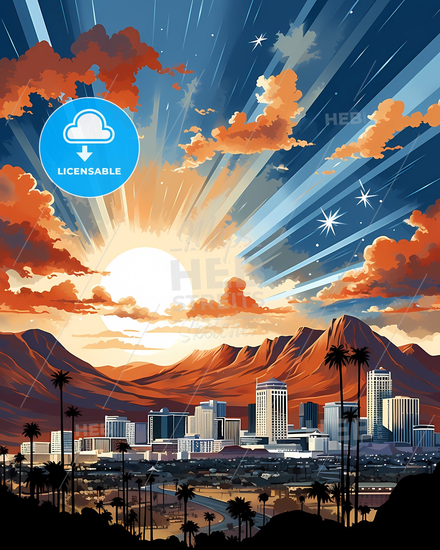 Alicante, Spain, a sun shining through clouds over a city