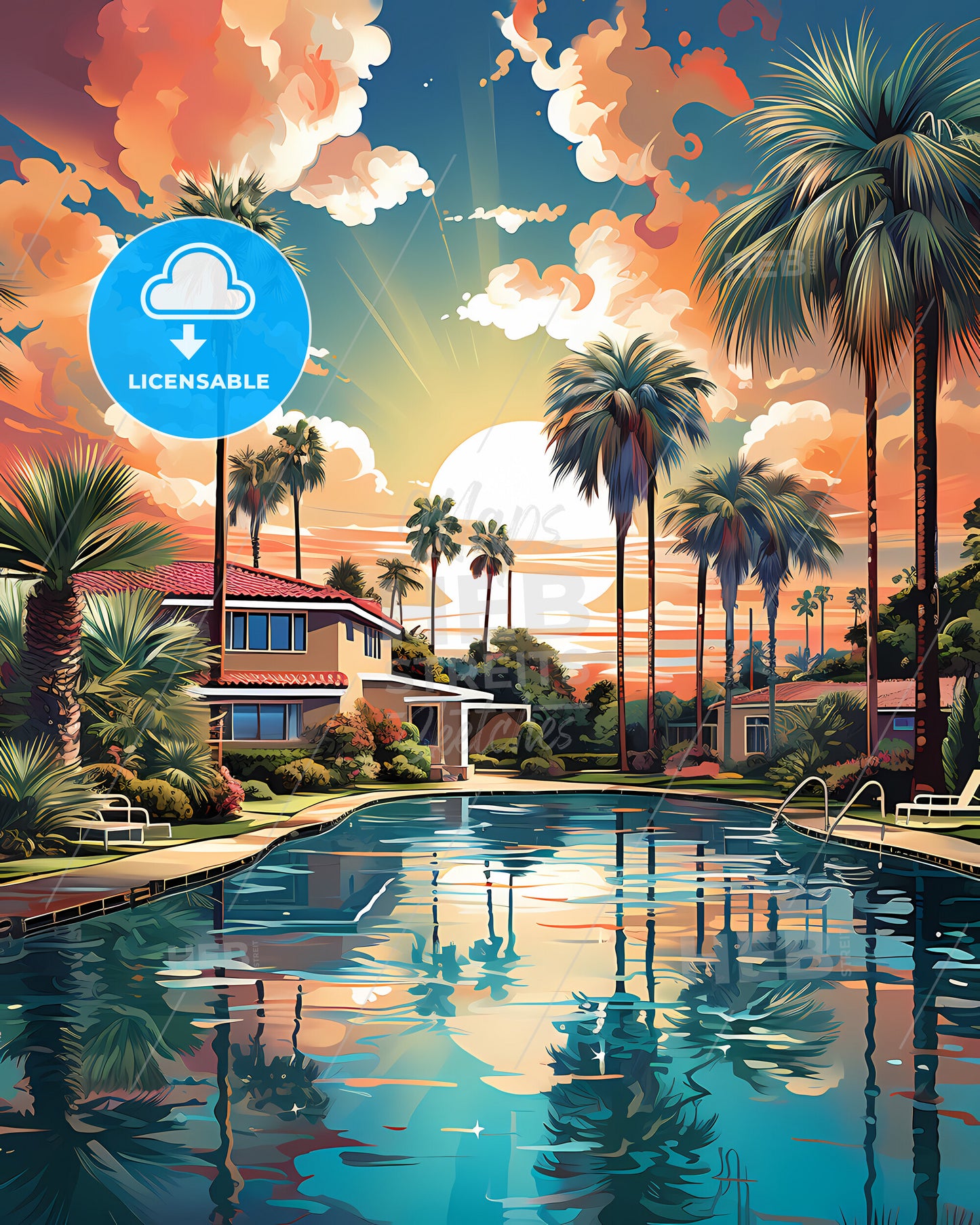 Pembroke Pines, Florida, a pool with palm trees and a house with a red roof