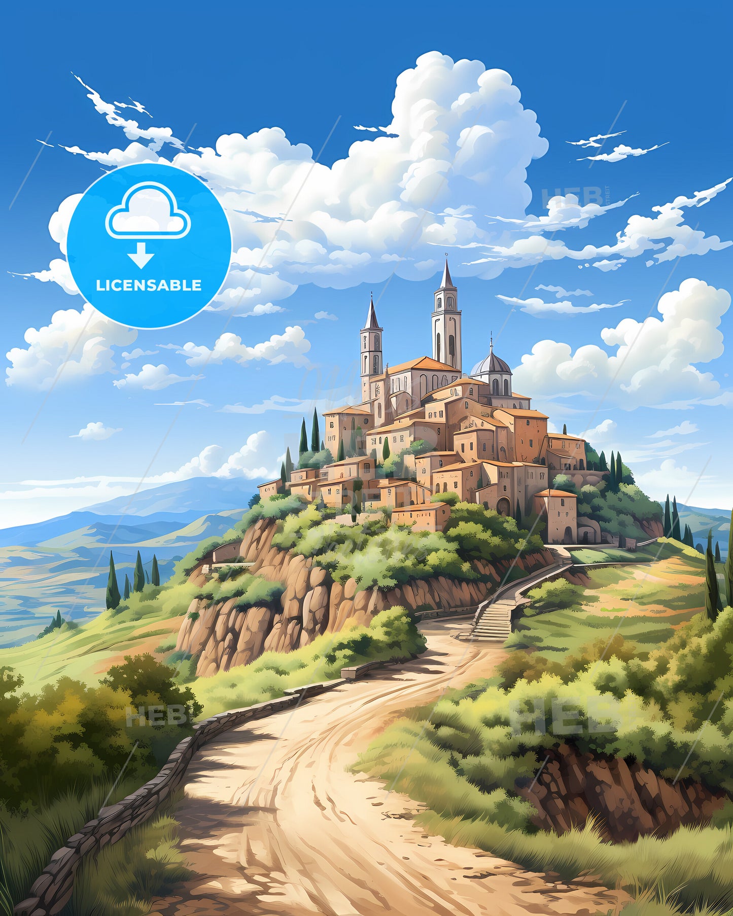 Grosseto, Italy, a painting of a town on a hill