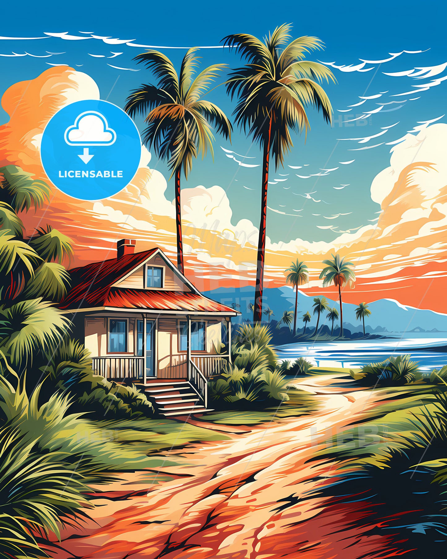 San Buenaventura, California, a house on a beach with palm trees and a body of water