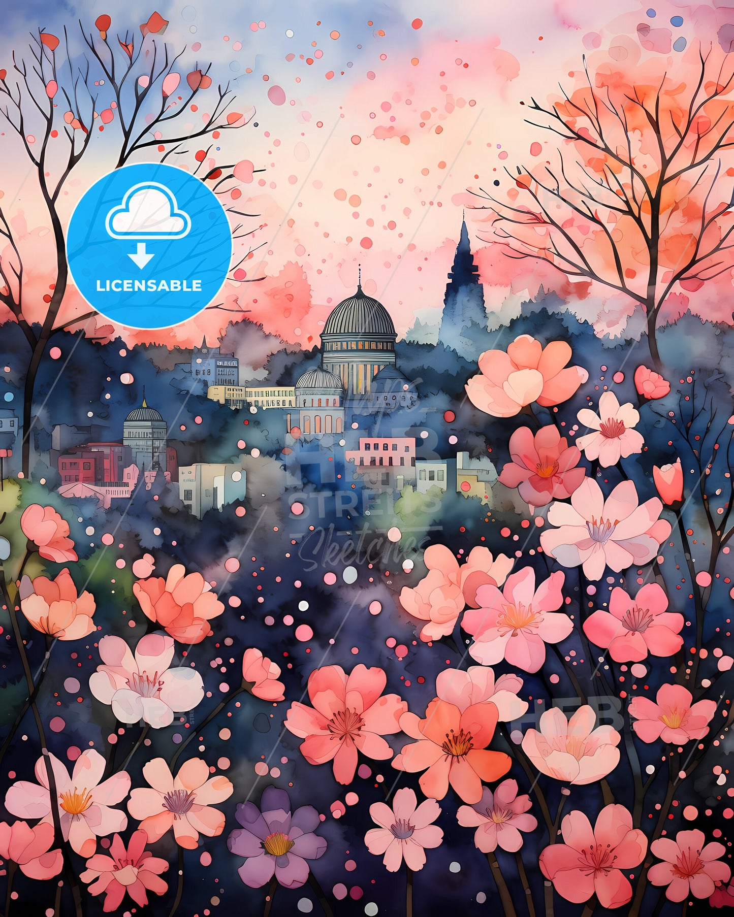 Allentown, Pennsylvania, a painting of a city with pink flowers