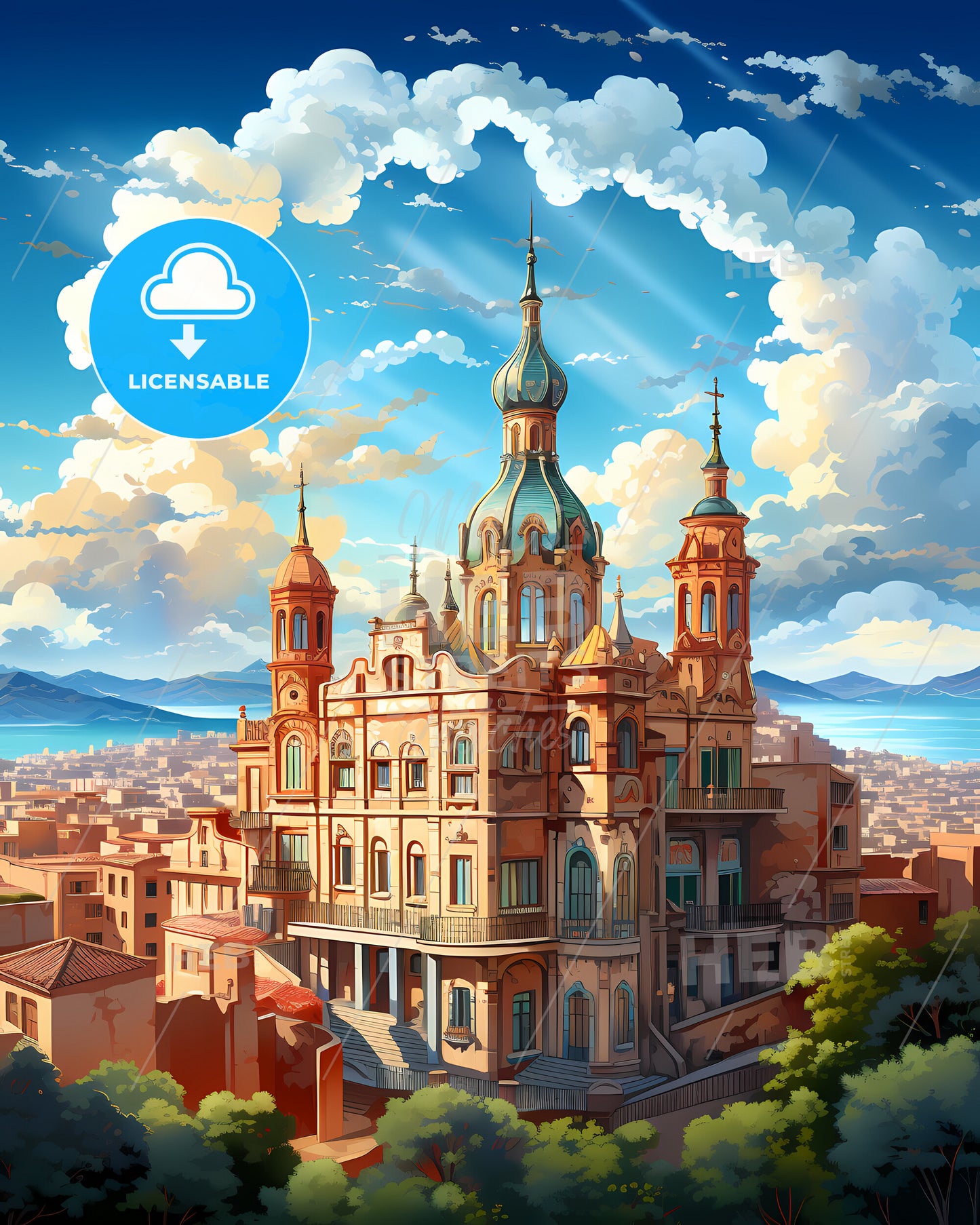 Eixample, Spain, a large building with a large tower and a city landscape