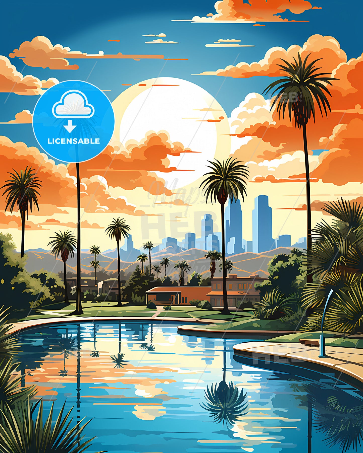 Sunnyvale, California, a pool with palm trees and buildings in the background