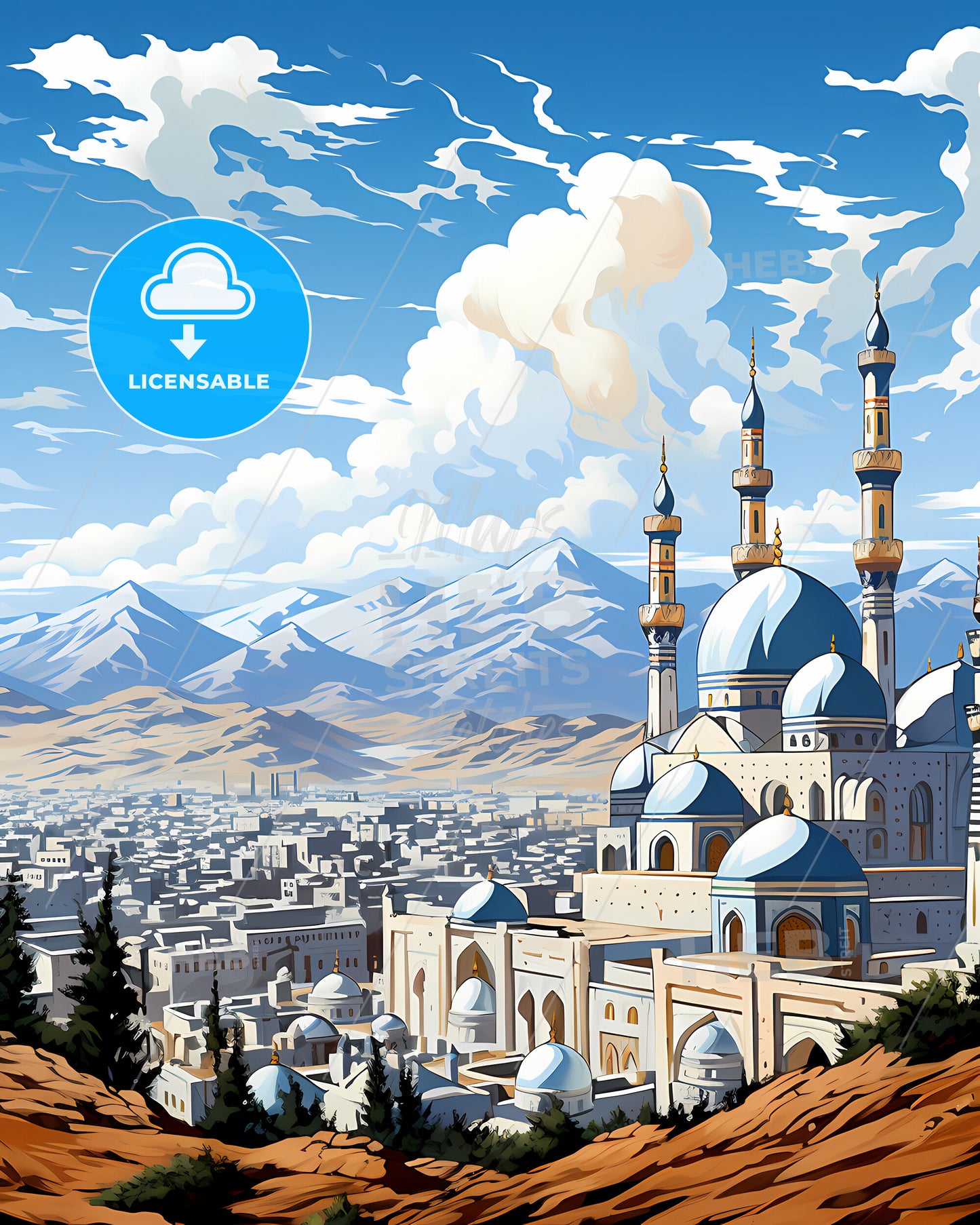 Kentau, Kazakhstan, a city with a large building and mountains in the background