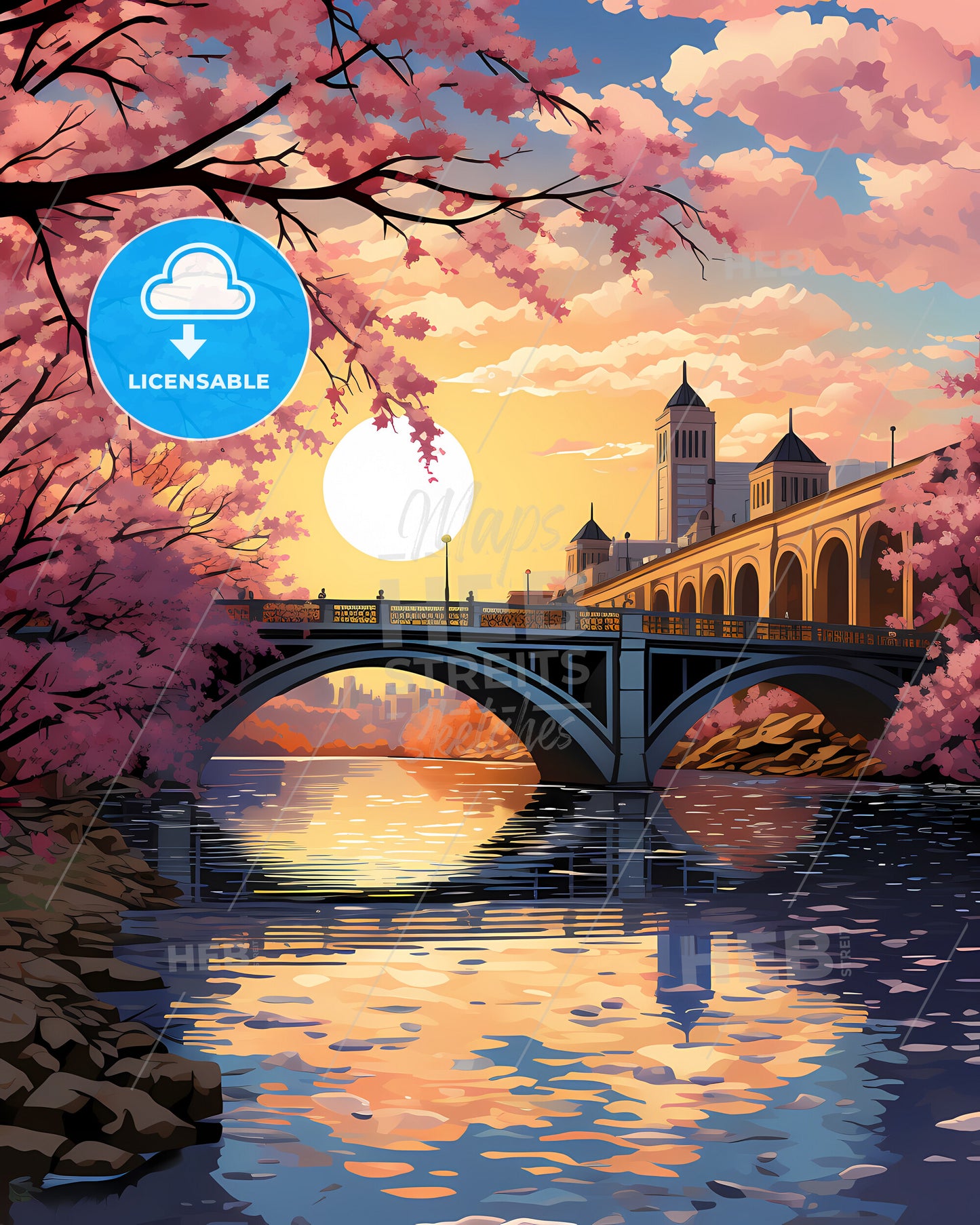 Ann Arbor, Michigan, a bridge over a river with pink blossoms