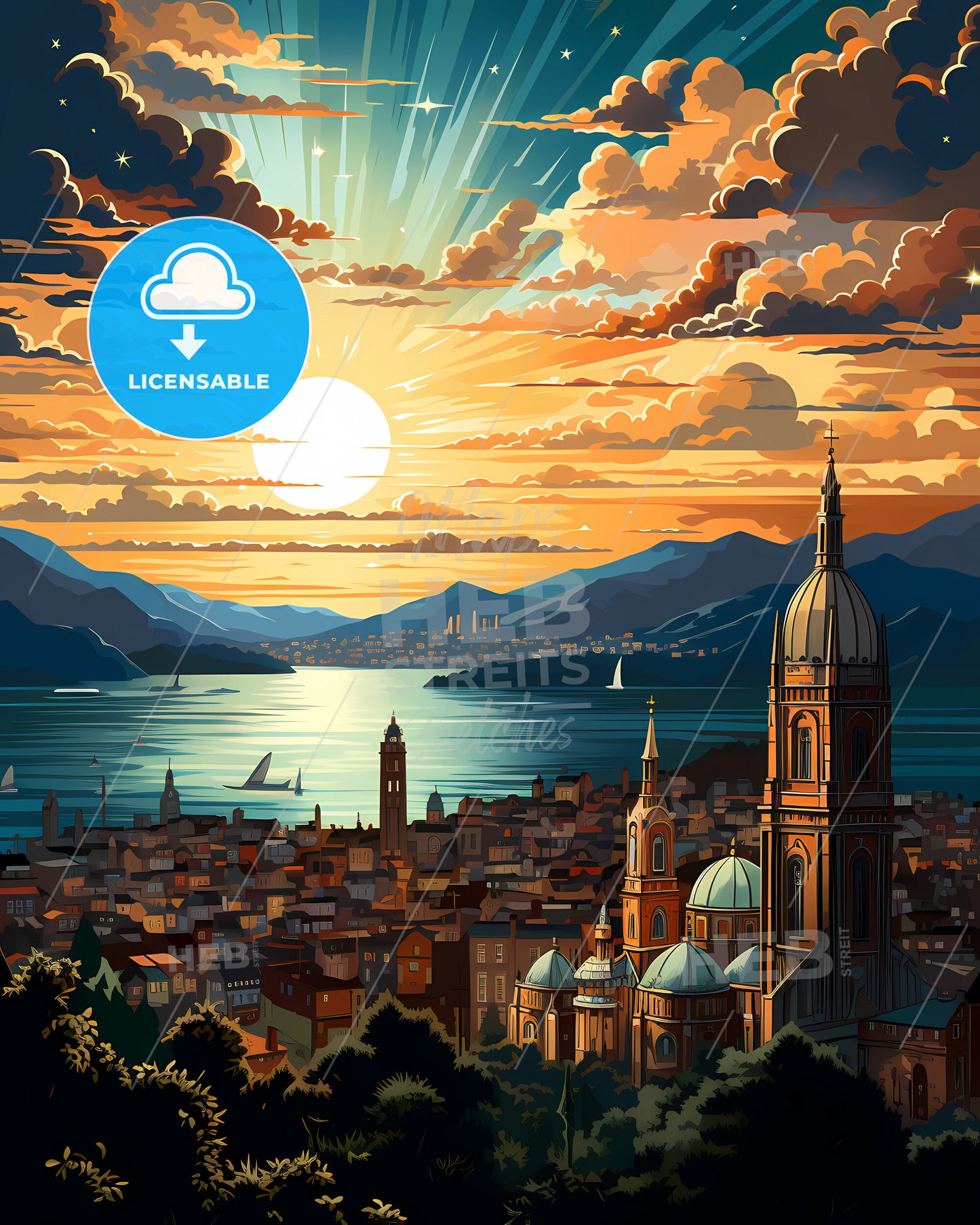 La Spezia, Italy, a city with a large building and a body of water with mountains and a sunset