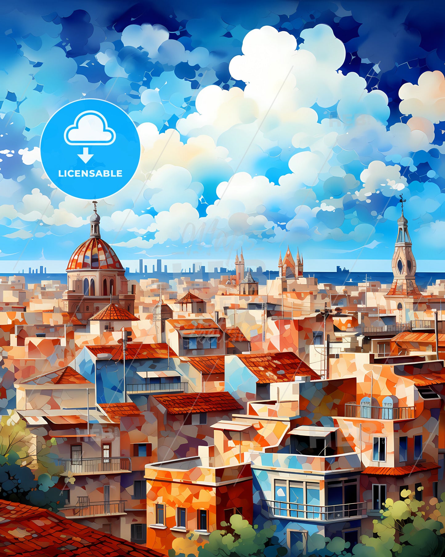 Eixample, Spain, a city with many buildings and a blue sky