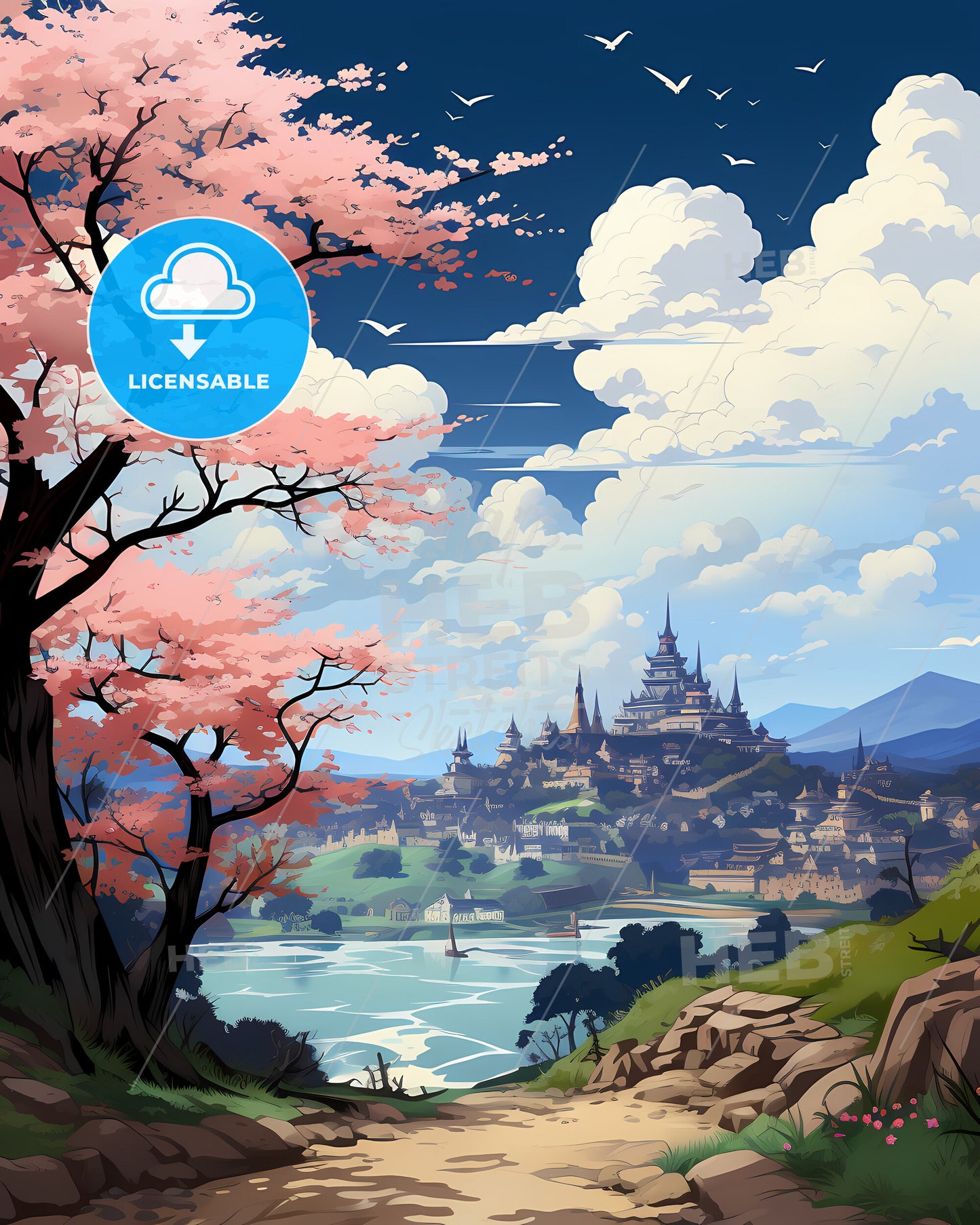 Leeds, Yorkshire and the Humber, a landscape with a pink tree and a city