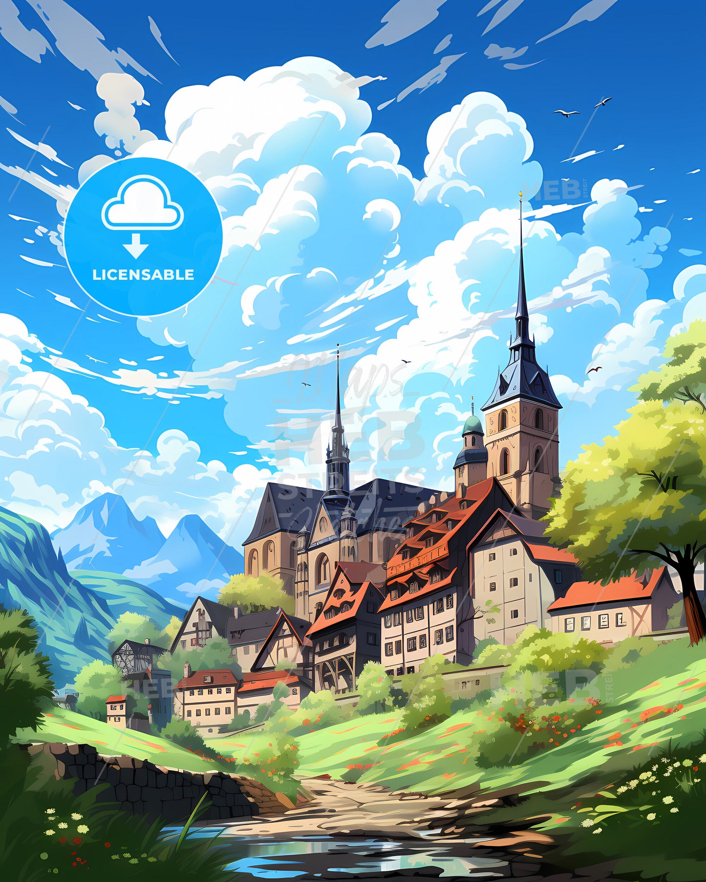 Basel, Switzerland, a landscape of a town with a castle and mountains