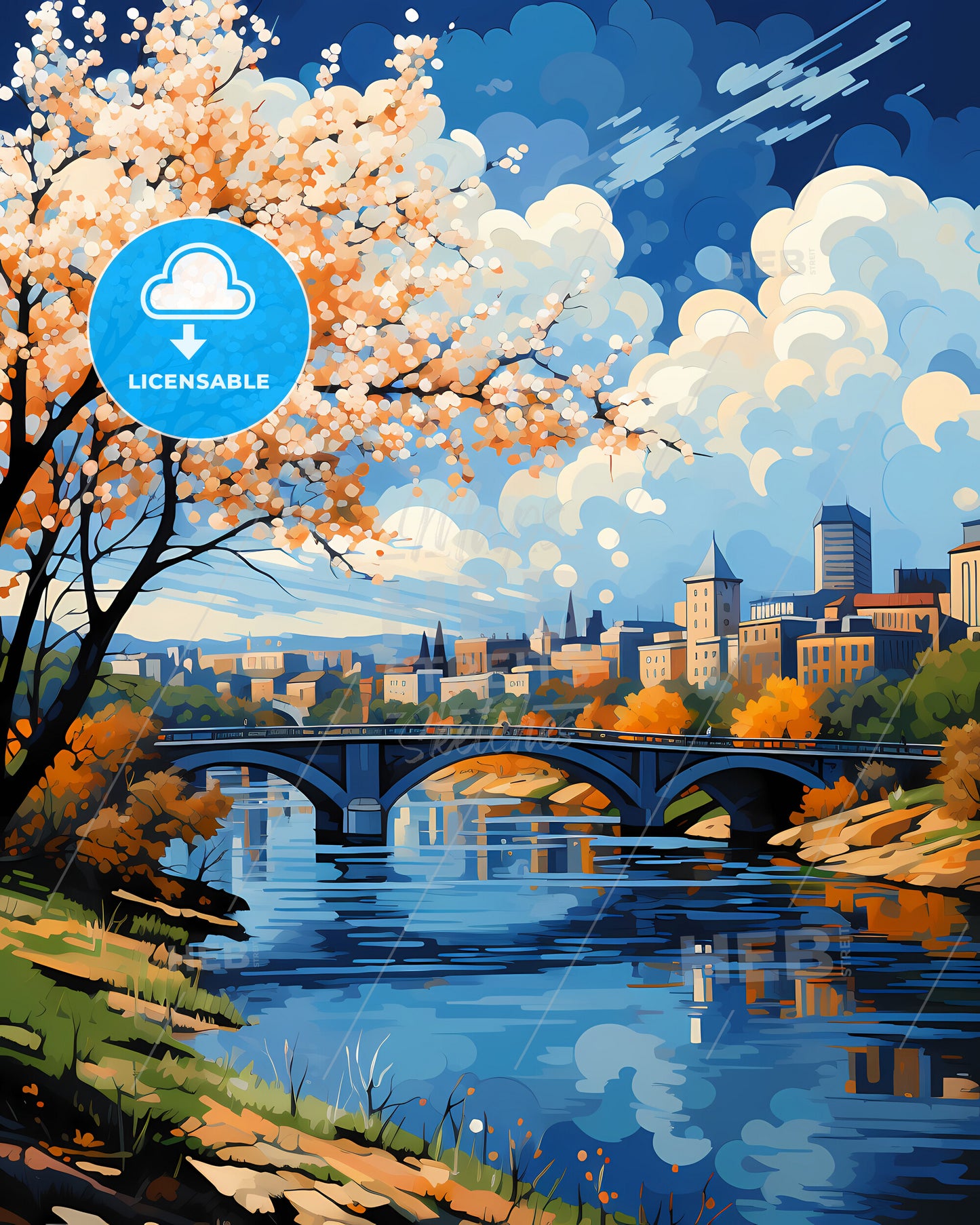 Macon, Georgia, a bridge over a river with a tree and a city in the background