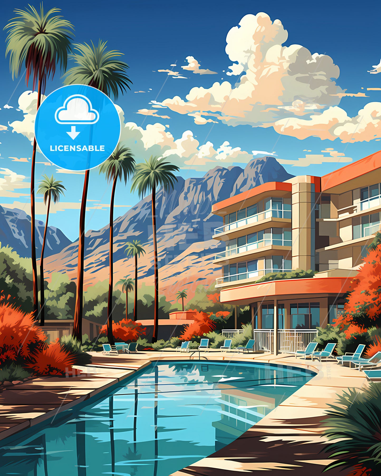 Mountain View, California, a pool with palm trees and mountains in the background