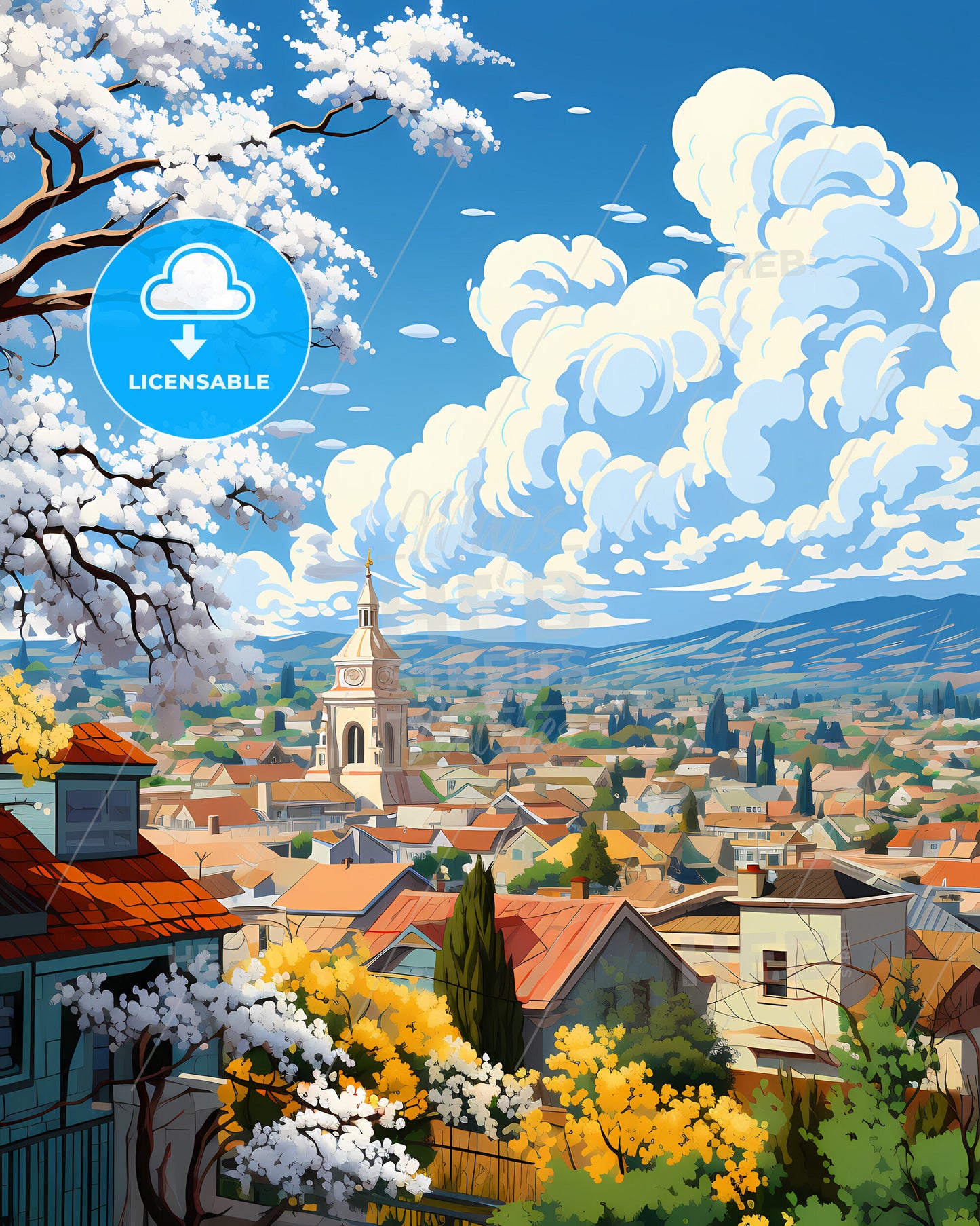 Merced, California, a landscape of a town with a church and trees