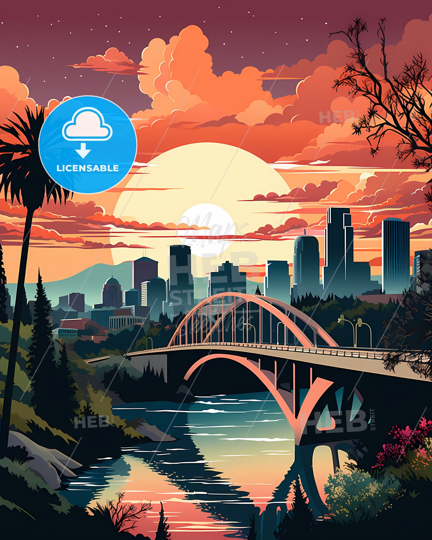 Cupertino, California, a bridge over a river with a city in the background