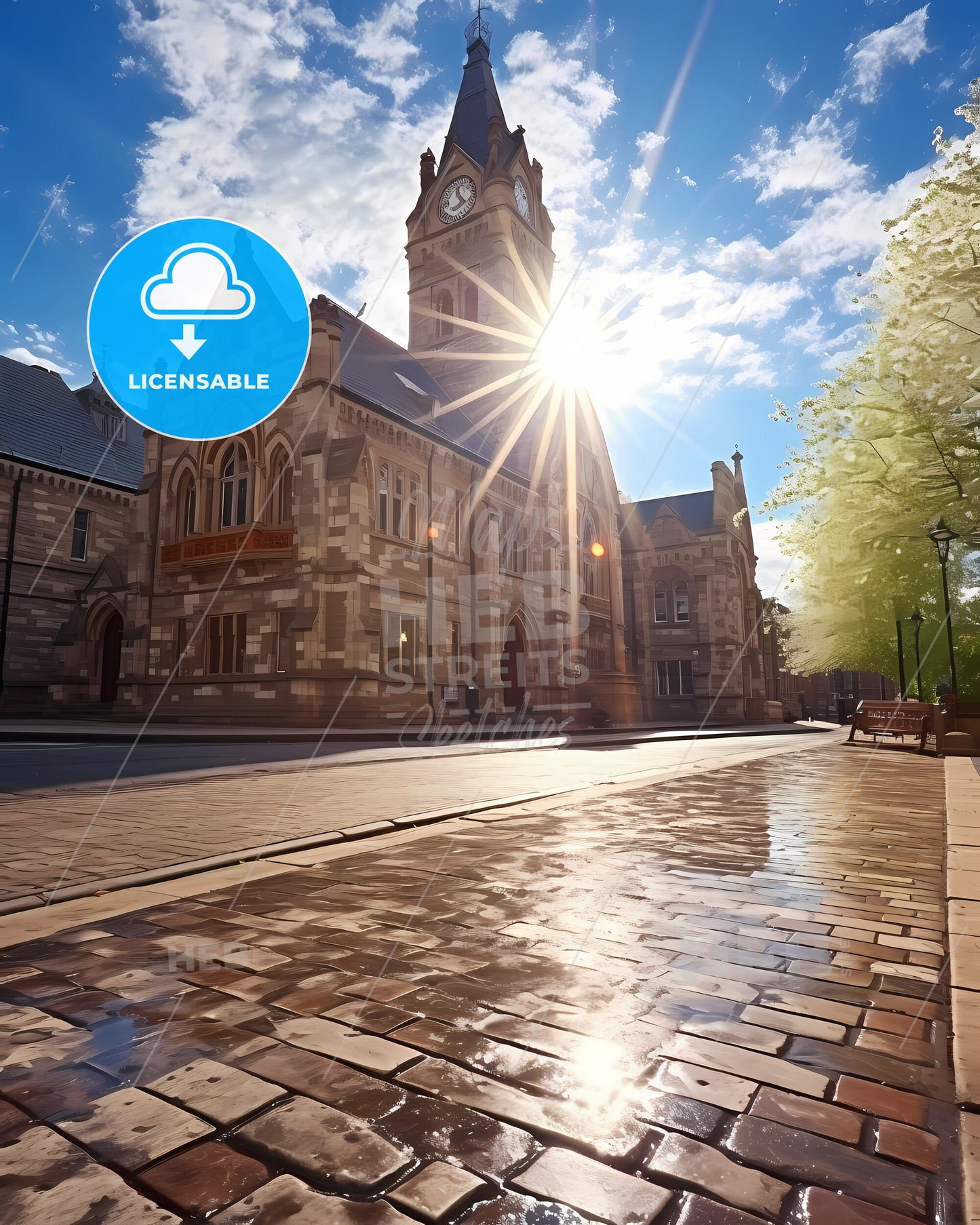 Middlesbrough, North East England, a building with a clock tower and a bench in front of it