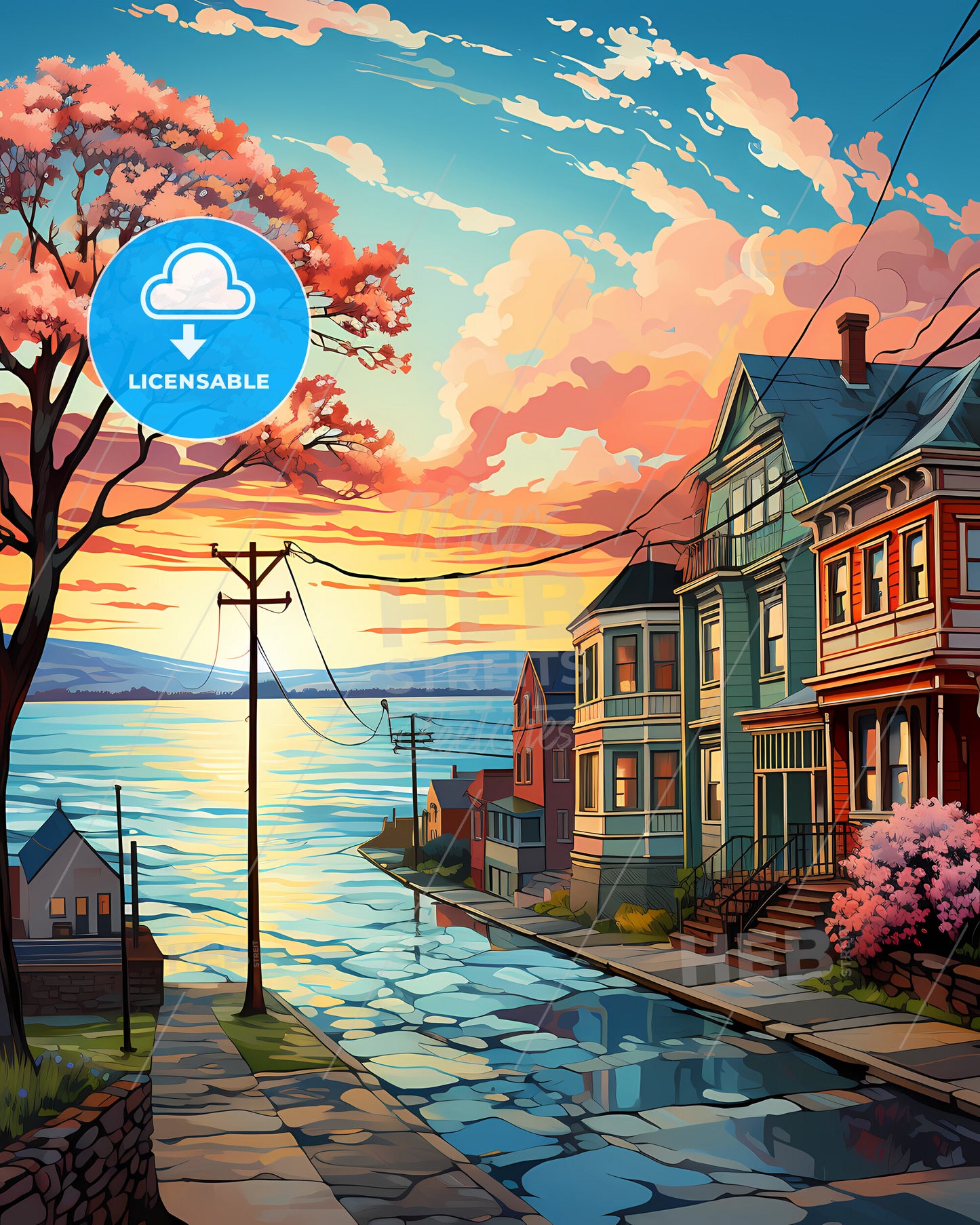 Erie, Pennsylvania, a row of houses by a body of water