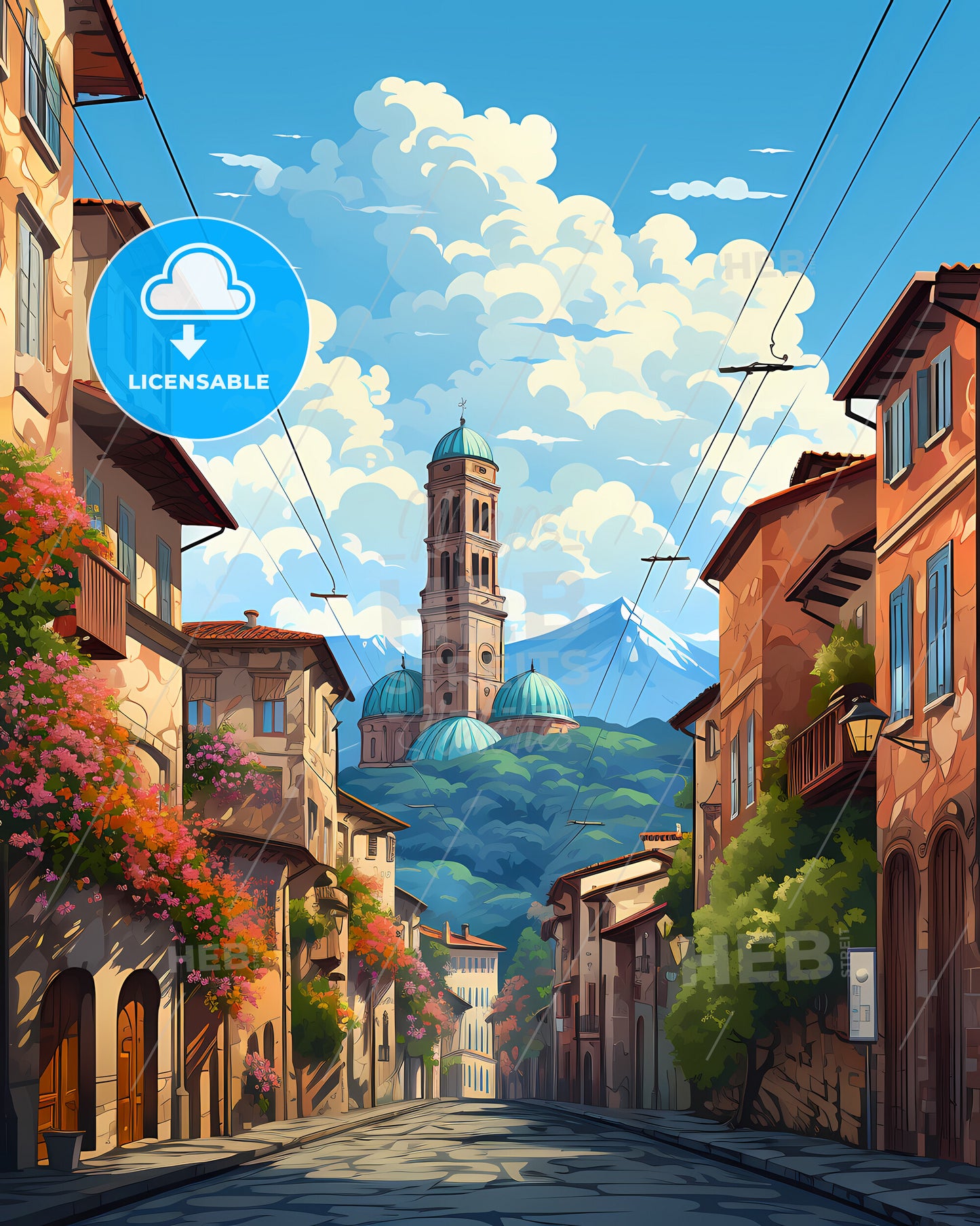 Pistoia, Italy, a street with buildings and a tower on top