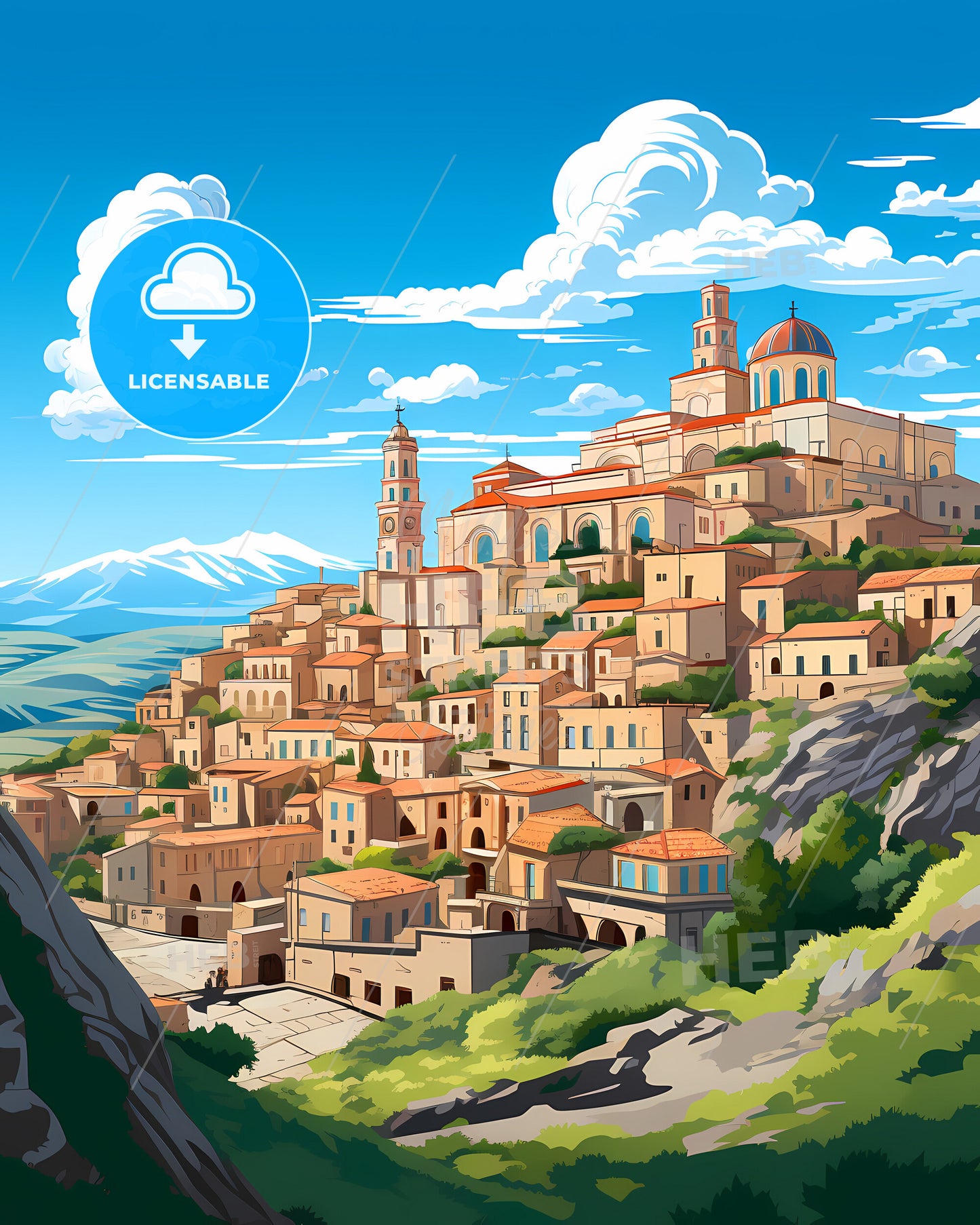 Potenza, Italy, a cartoon of a town on a hill