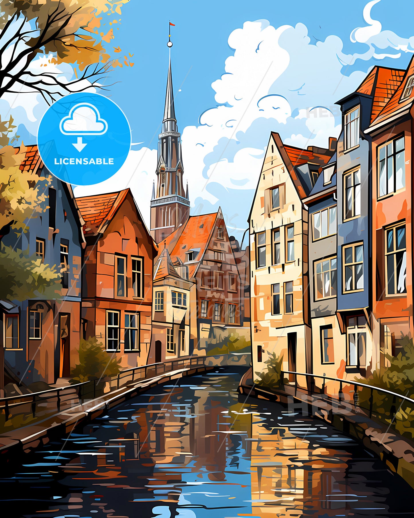 Heusden, Netherlands, a water canal with buildings and a church in the background