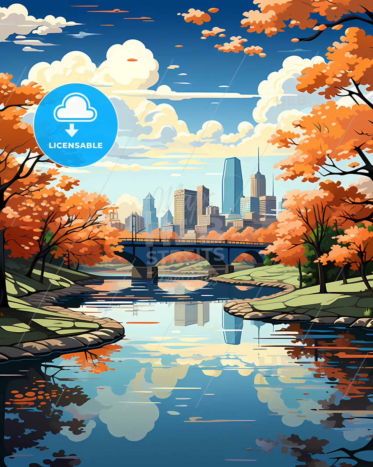 Frisco, Texas, a river with a bridge and trees with orange leaves