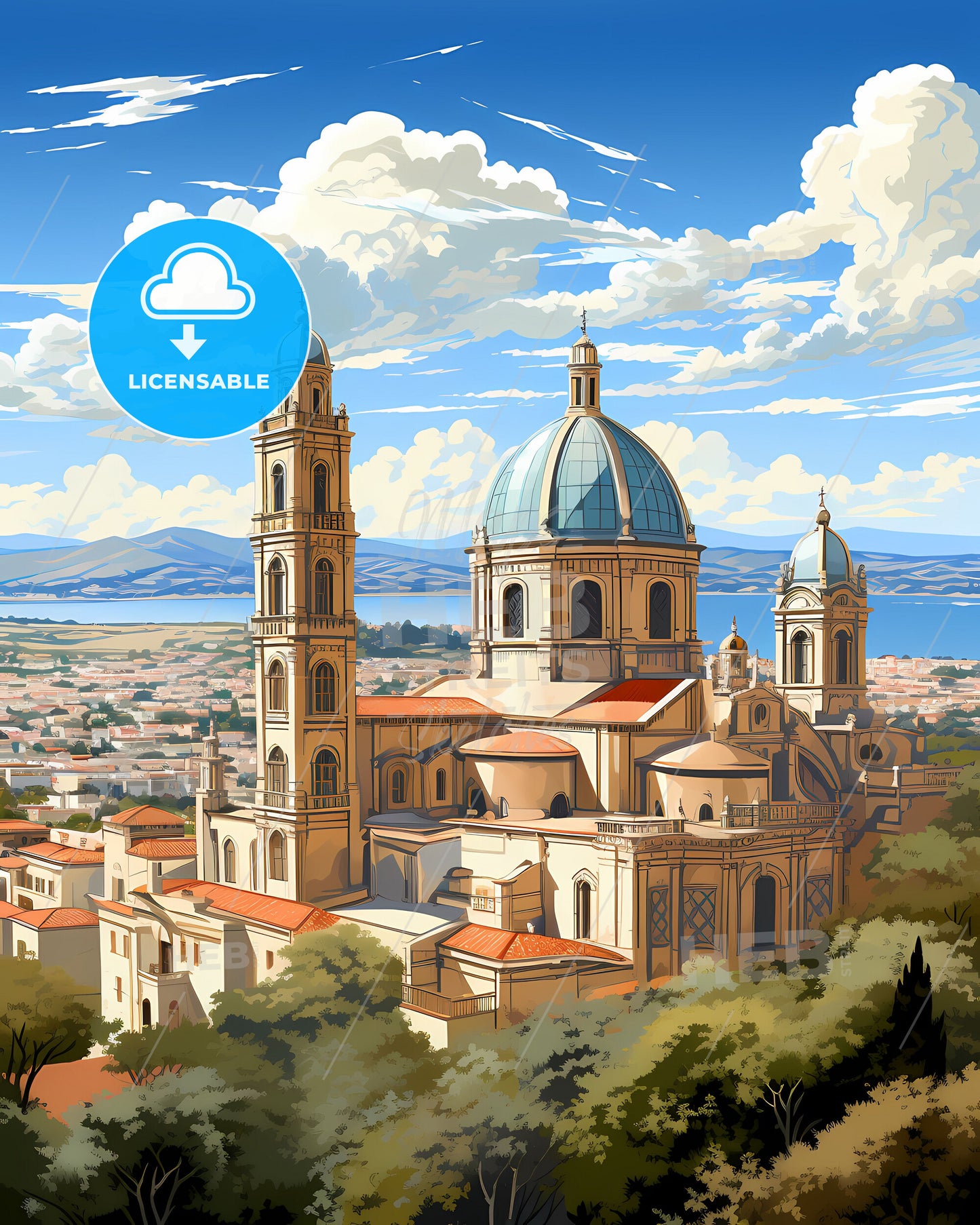 Viareggio, Italy, a large building with towers and a city in the background