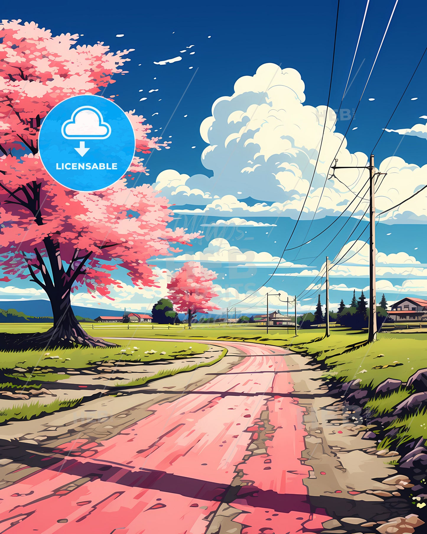 Rancho Cordova, California, a road with pink trees and power lines