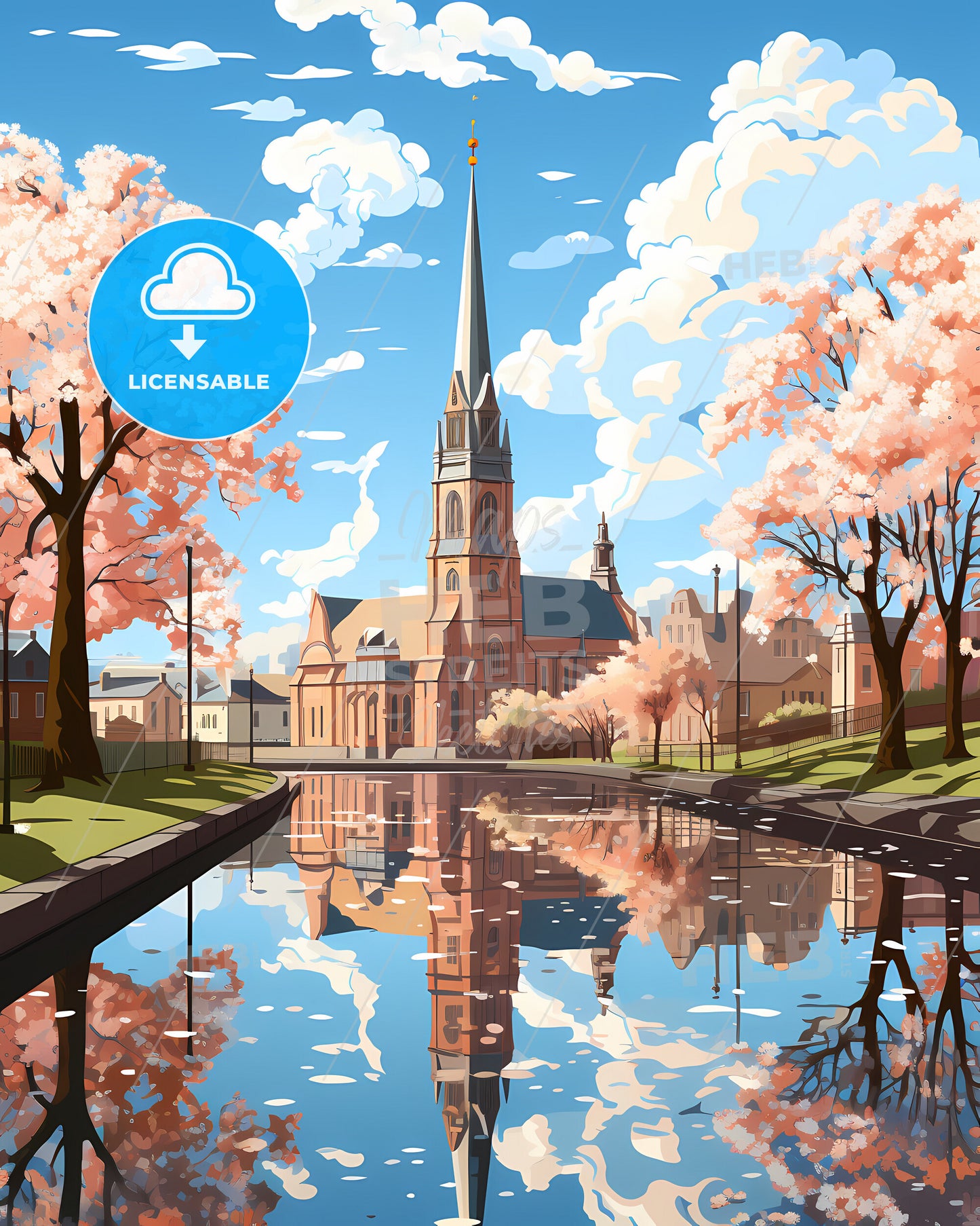 Sarpsborg, Norway, a church with a tower and a pond with pink trees