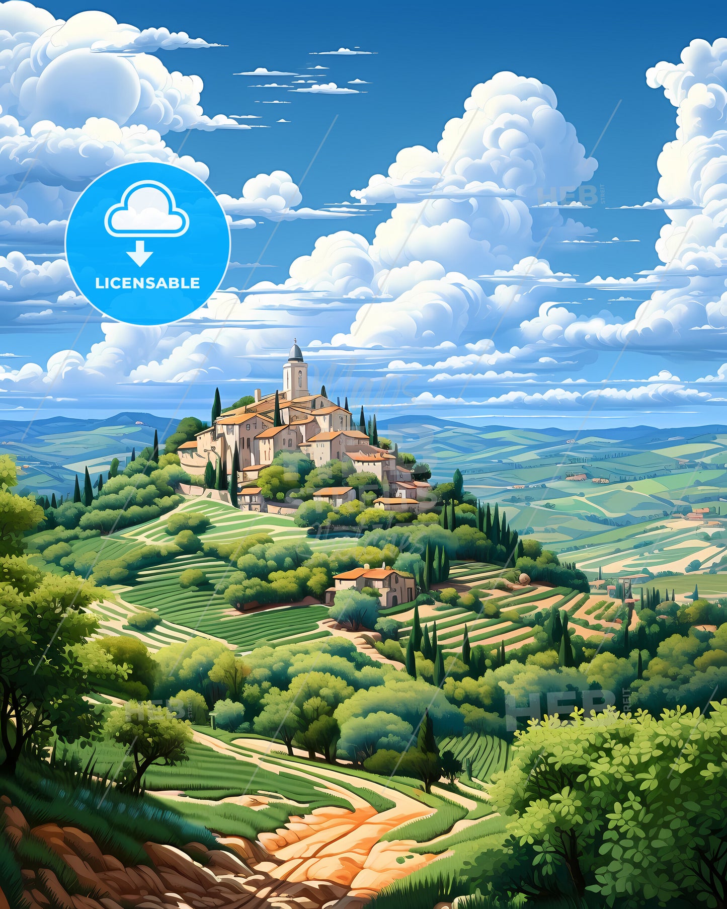 Fano, Italy, a landscape of a hill with a building and trees