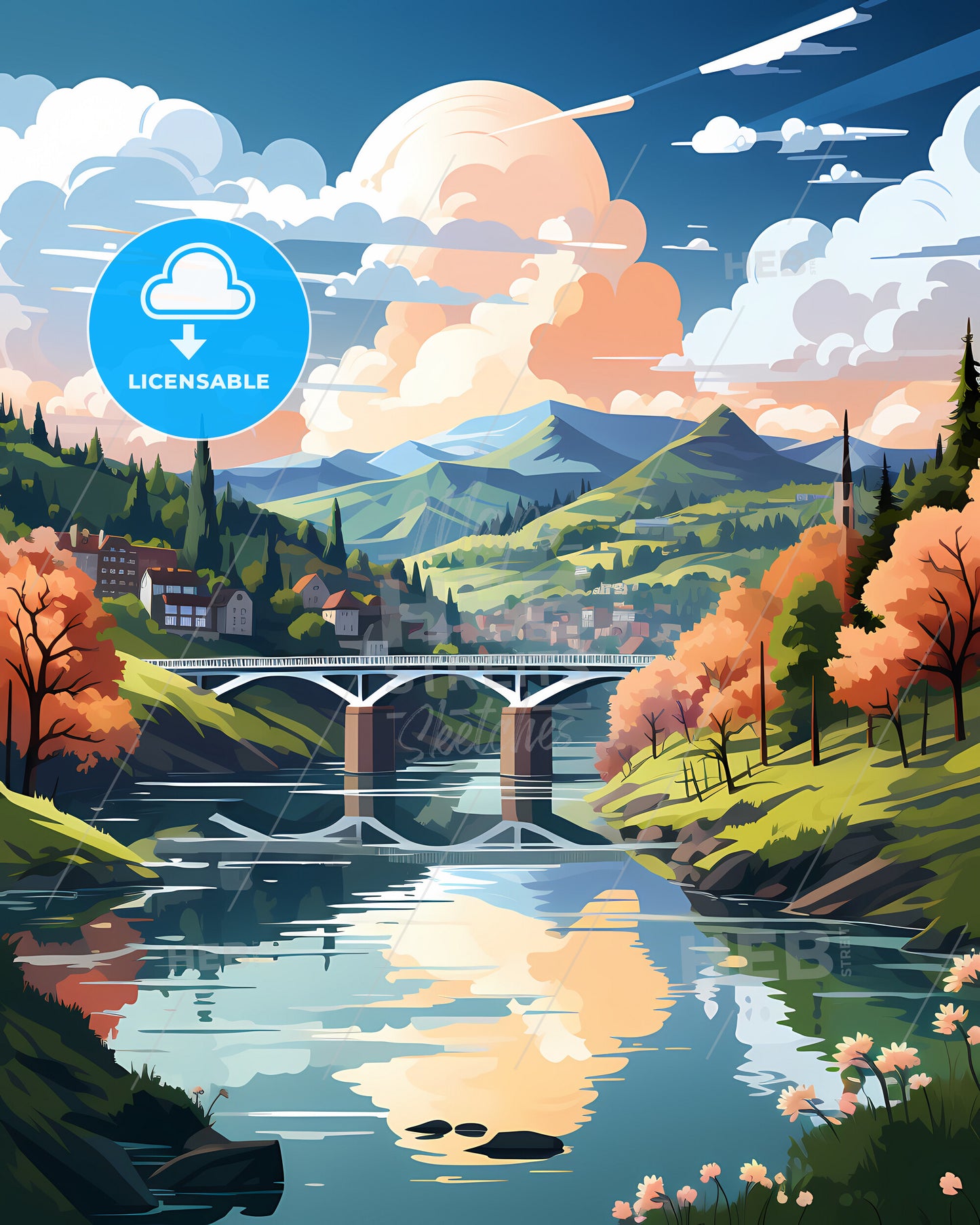 Skien, Norway, a bridge over a river with trees and mountains