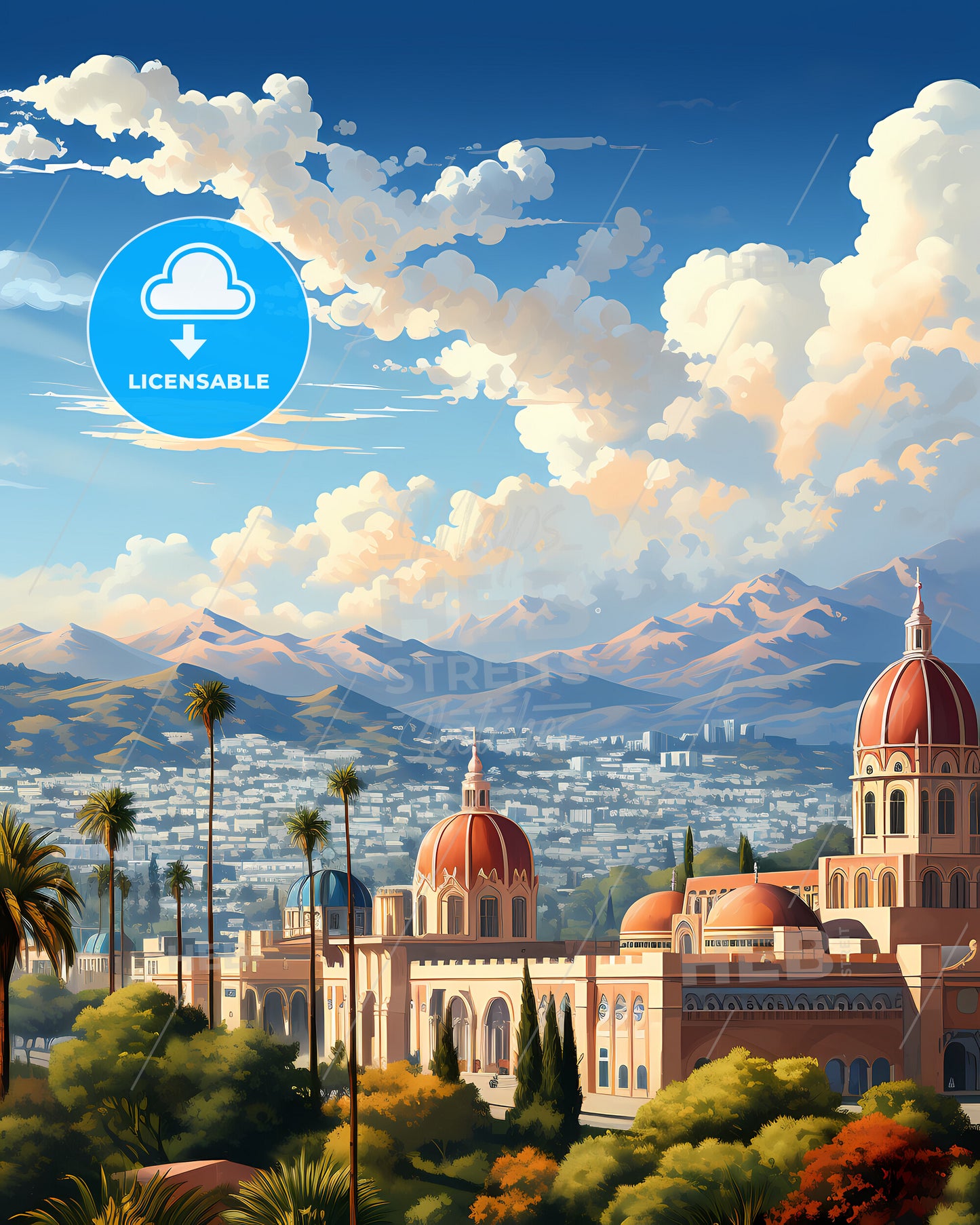 El Monte, California, a building with domes and trees in front of mountains