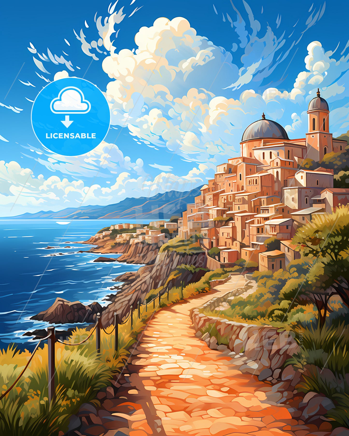 Battipaglia, Italy, a road leading to a town on a hill by the ocean