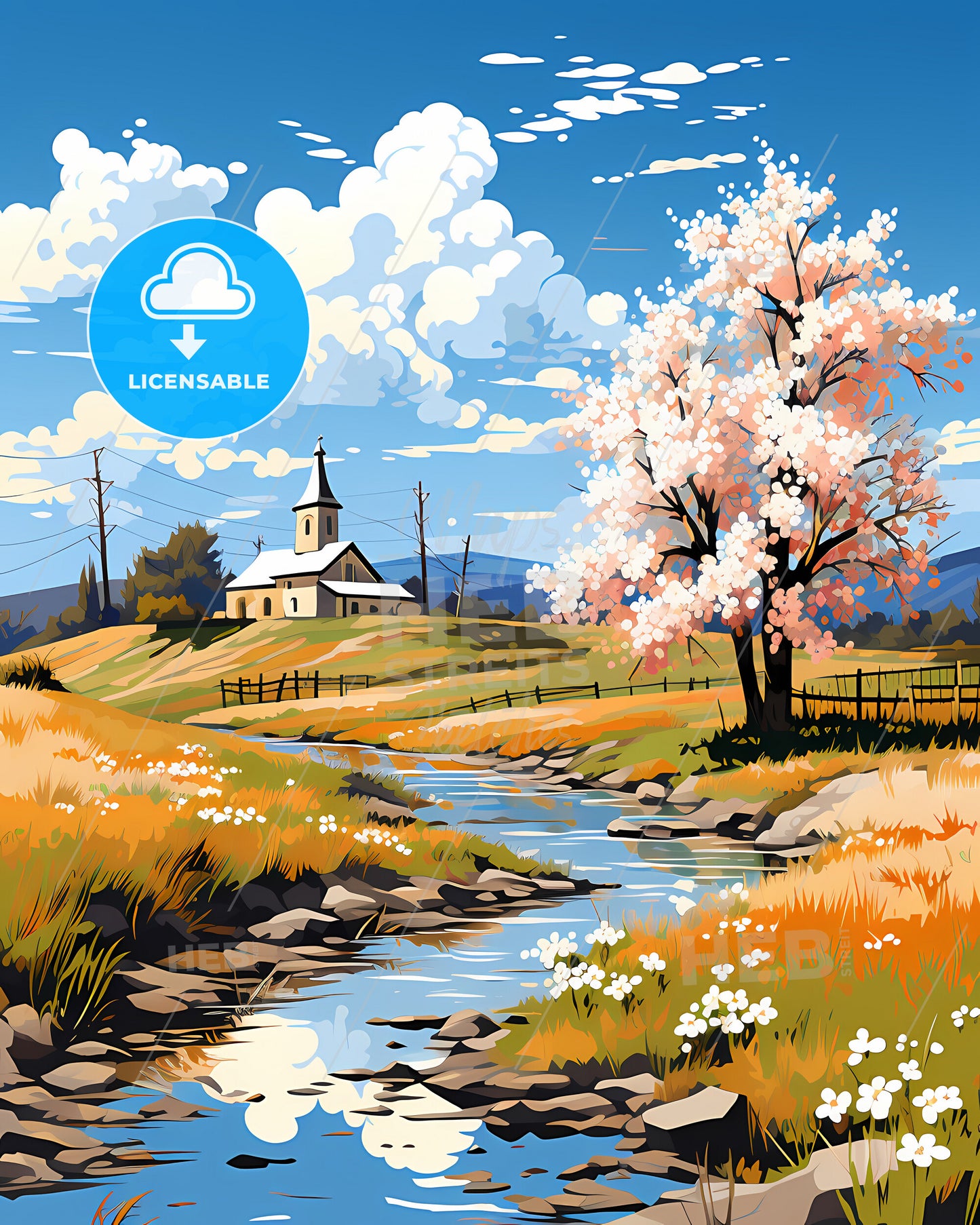 Petropavl, Kazakhstan, a river running through a field with a church and a tree