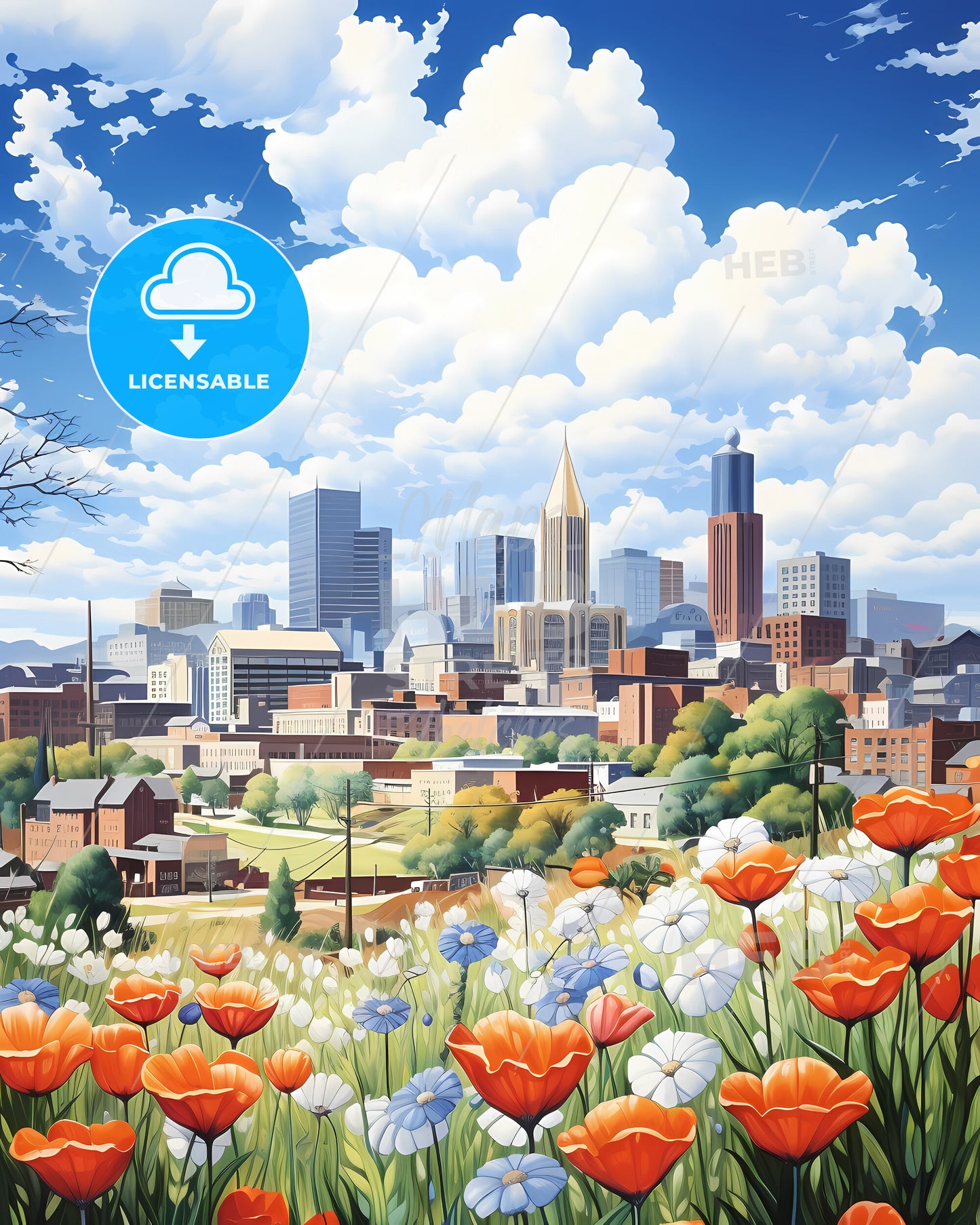 Gastonia, North Carolina, a field of flowers with a city in the background